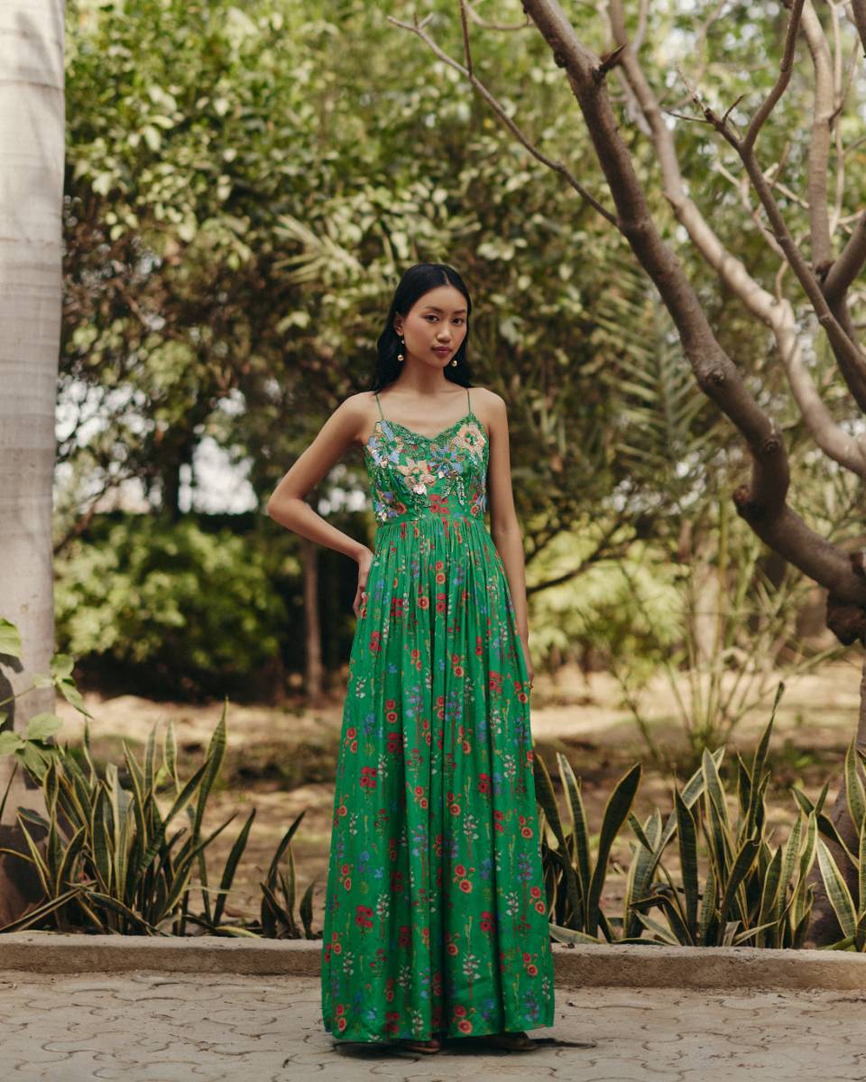 Crepe Green Embroidered Maxi Dress at Kamakhyaa by Ewoke. This item is Crepe, Floral, Nostalgia's Thread by Ewoke, Party Wear, sustainable fashion