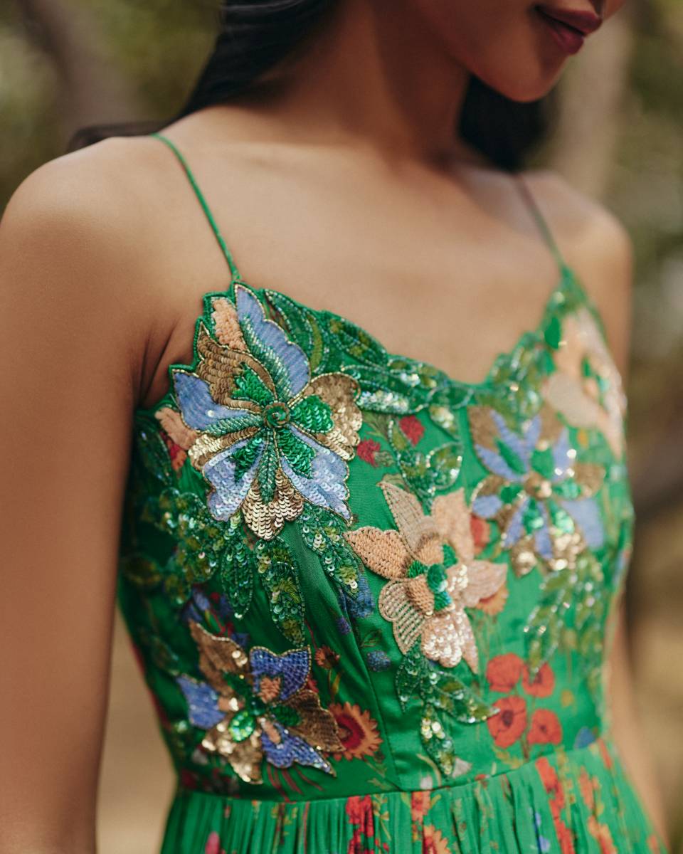 Crepe Green Embroidered Maxi Dress at Kamakhyaa by Ewoke. This item is Crepe, Floral, Nostalgia's Thread by Ewoke, Party Wear, sustainable fashion