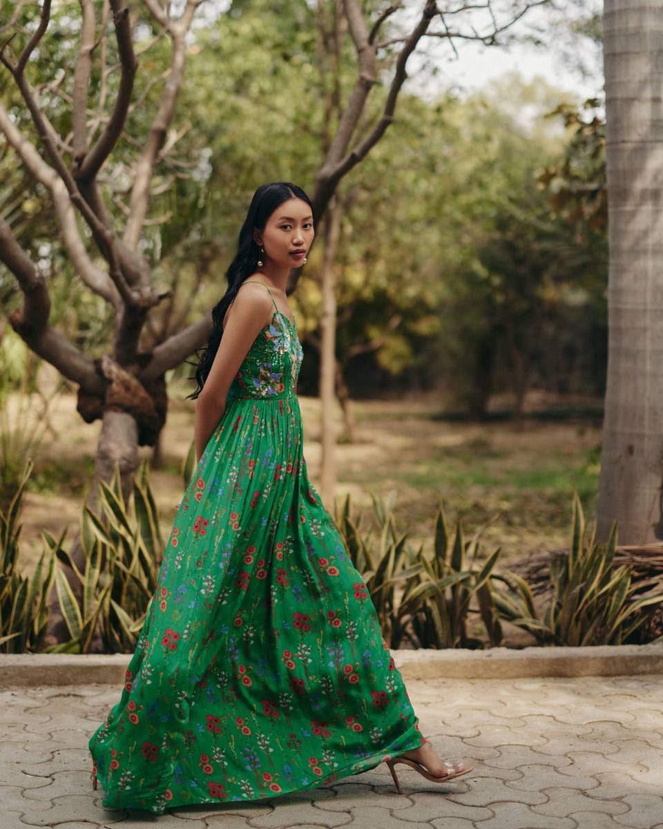 Crepe Green Embroidered Maxi Dress at Kamakhyaa by Ewoke. This item is Crepe, Floral, Nostalgia's Thread by Ewoke, Party Wear, sustainable fashion