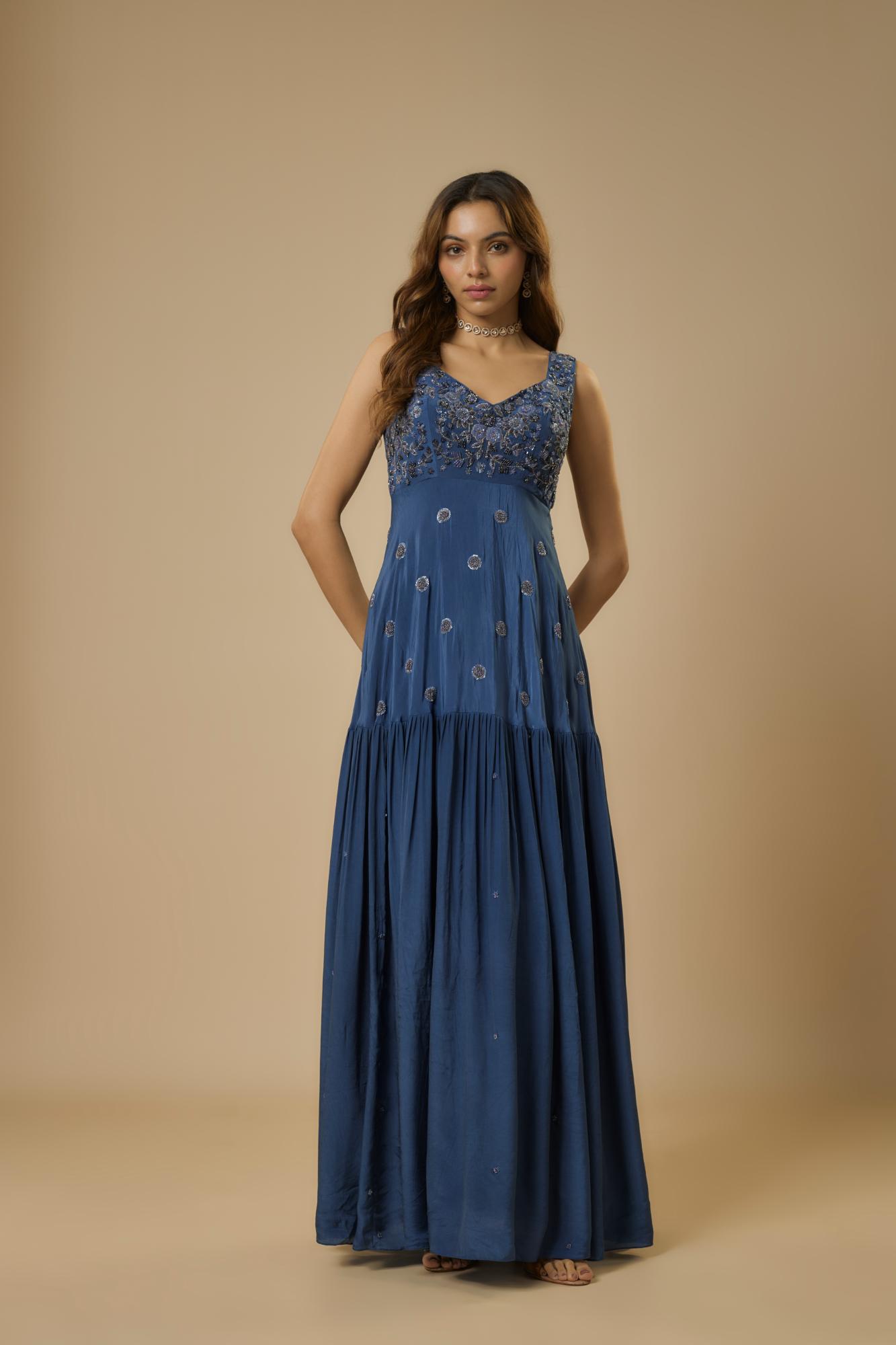 Crepe Midnight Embroidered Gown at Kamakhyaa by Ewoke. This item is Bemberg, BLUE GOWN, Crepe, Draped Dress, Nostalgia's Thread by Ewoke, sustainable fashion, wedding dress, wedding lehengas