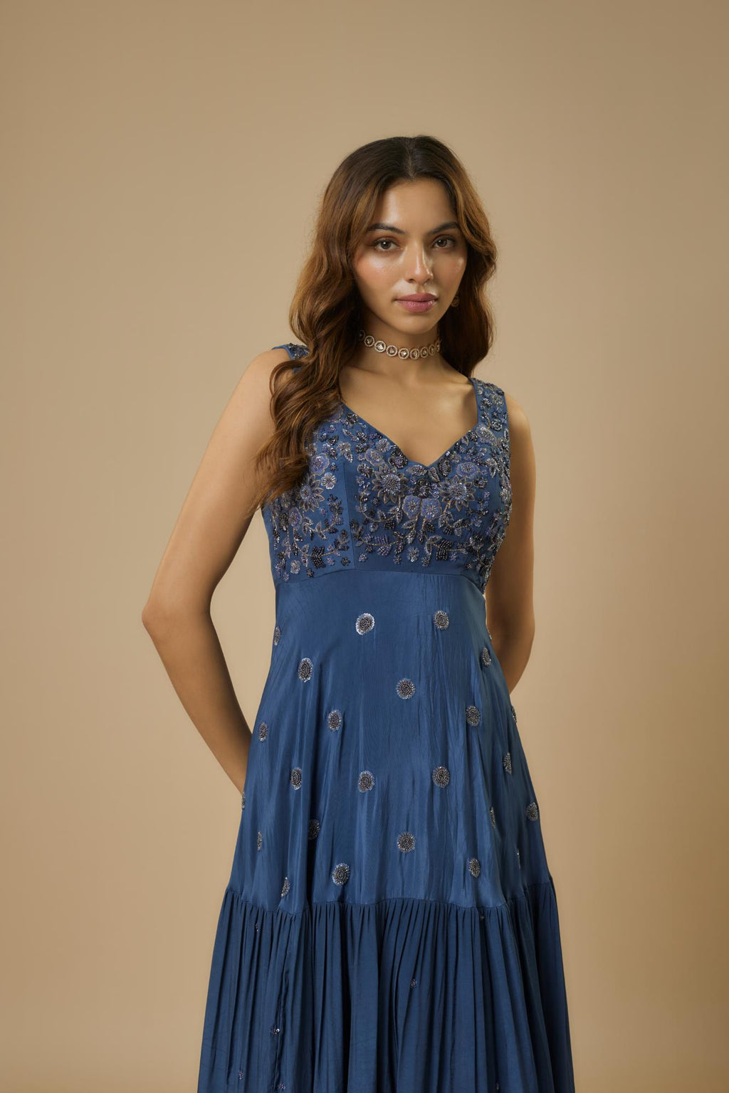 Crepe Midnight Embroidered Gown at Kamakhyaa by Ewoke. This item is Bemberg, BLUE GOWN, Crepe, Draped Dress, Nostalgia's Thread by Ewoke, sustainable fashion, wedding dress, wedding lehengas