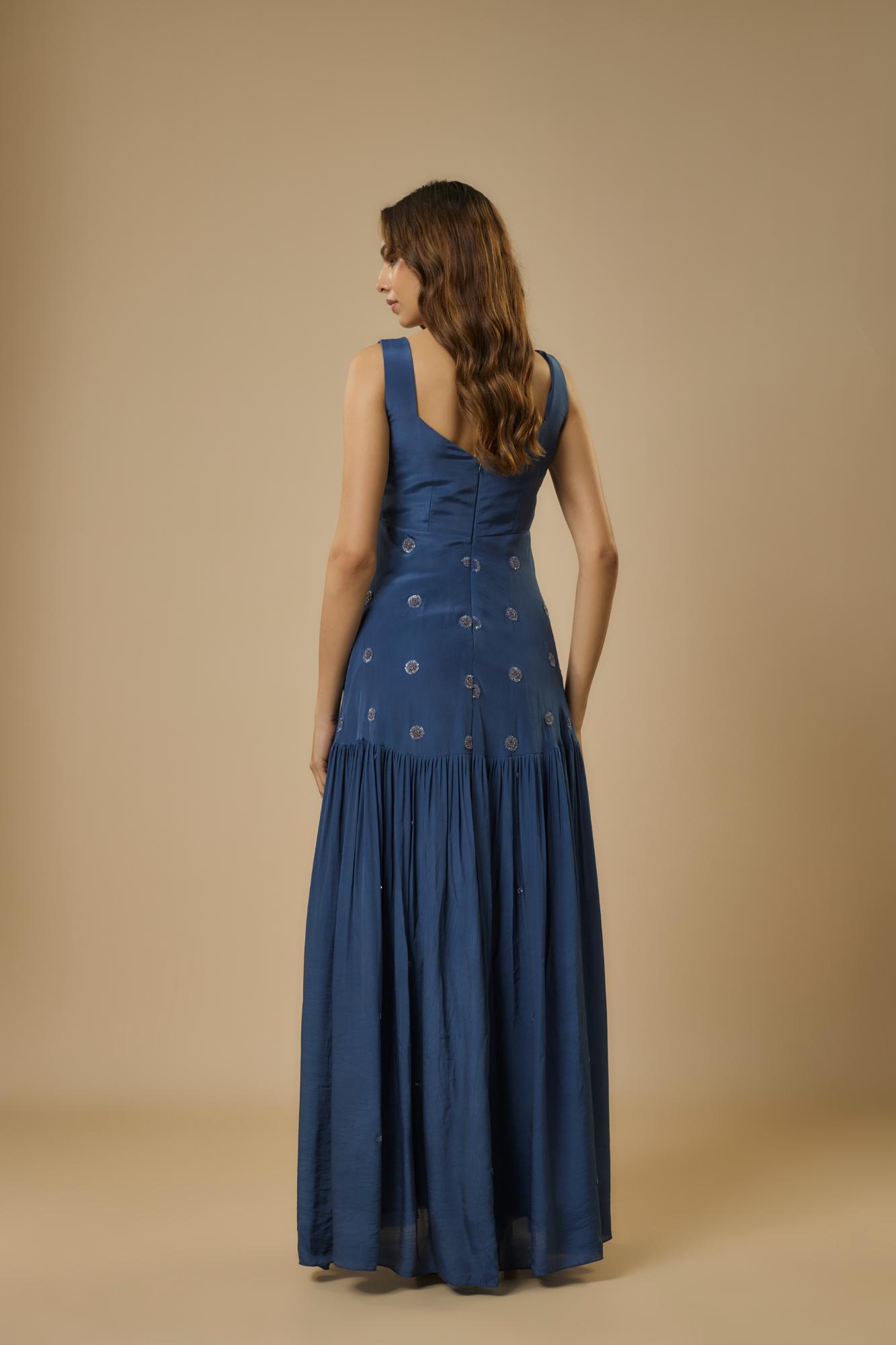 Crepe Midnight Embroidered Gown at Kamakhyaa by Ewoke. This item is Bemberg, BLUE GOWN, Crepe, Draped Dress, Nostalgia's Thread by Ewoke, sustainable fashion, wedding dress, wedding lehengas