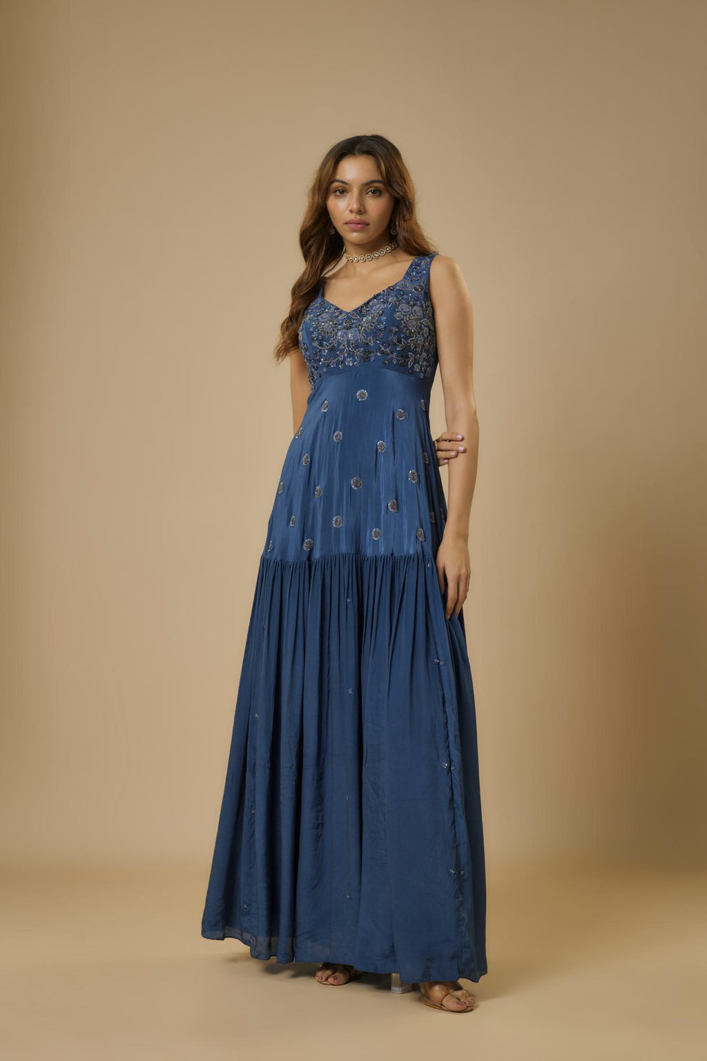 Crepe Midnight Embroidered Gown at Kamakhyaa by Ewoke. This item is Bemberg, BLUE GOWN, Crepe, Draped Dress, Nostalgia's Thread by Ewoke, sustainable fashion, wedding dress, wedding lehengas