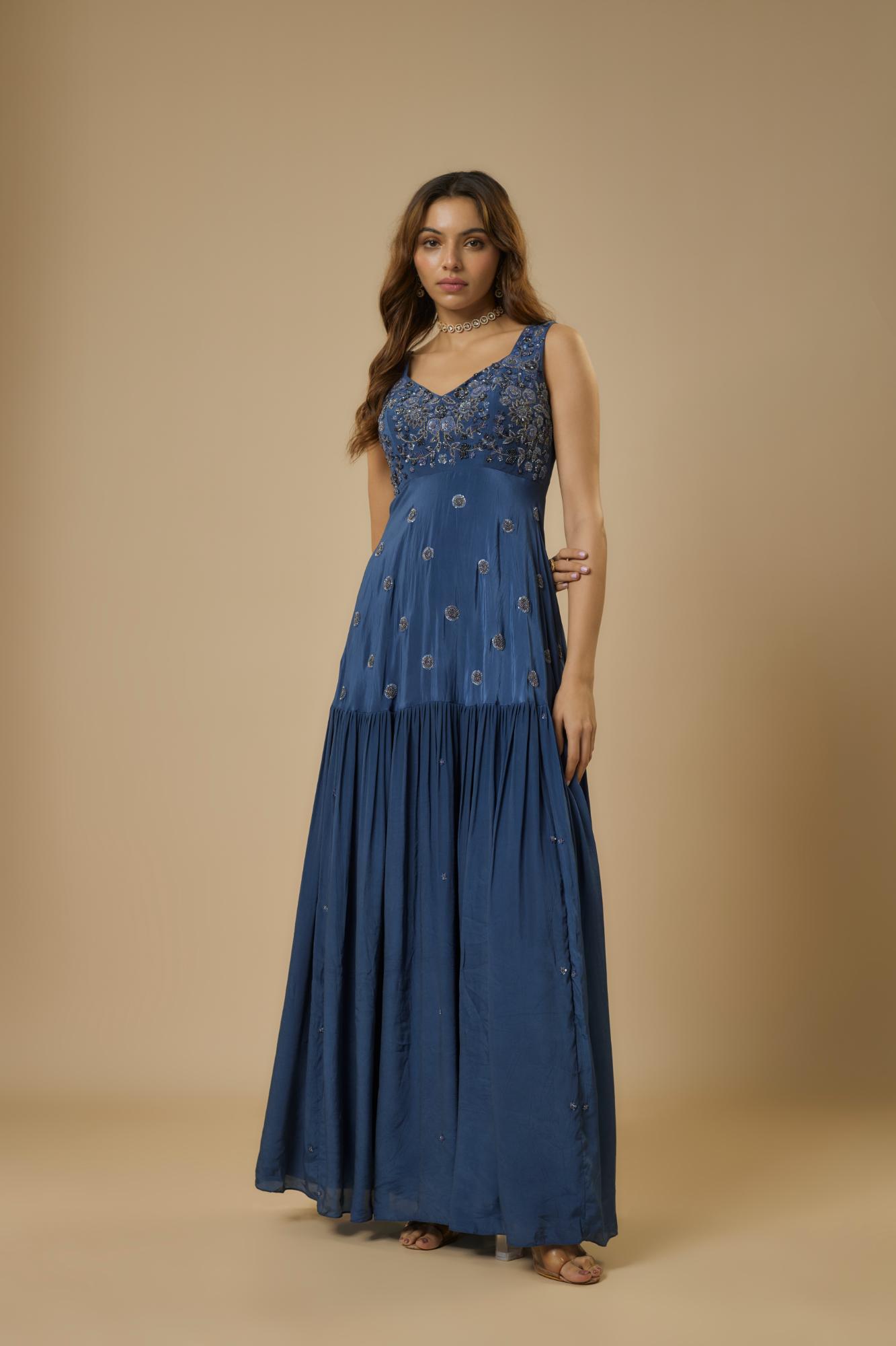 Crepe Midnight Embroidered Gown at Kamakhyaa by Ewoke. This item is Bemberg, BLUE GOWN, Crepe, Draped Dress, Nostalgia's Thread by Ewoke, sustainable fashion, wedding dress, wedding lehengas
