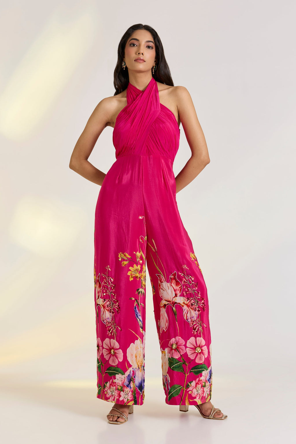 Crepe Pink Floral Draped Jumpsuit at Kamakhyaa by Ewoke. This item is Crepe, destination wedding outfits, festive, Hot Pink, jumpsuit, Missing image, Nostalgia's Thread by Ewoke, printed jumpsuit, sustainable fashion, wedding dress, Wedding wear