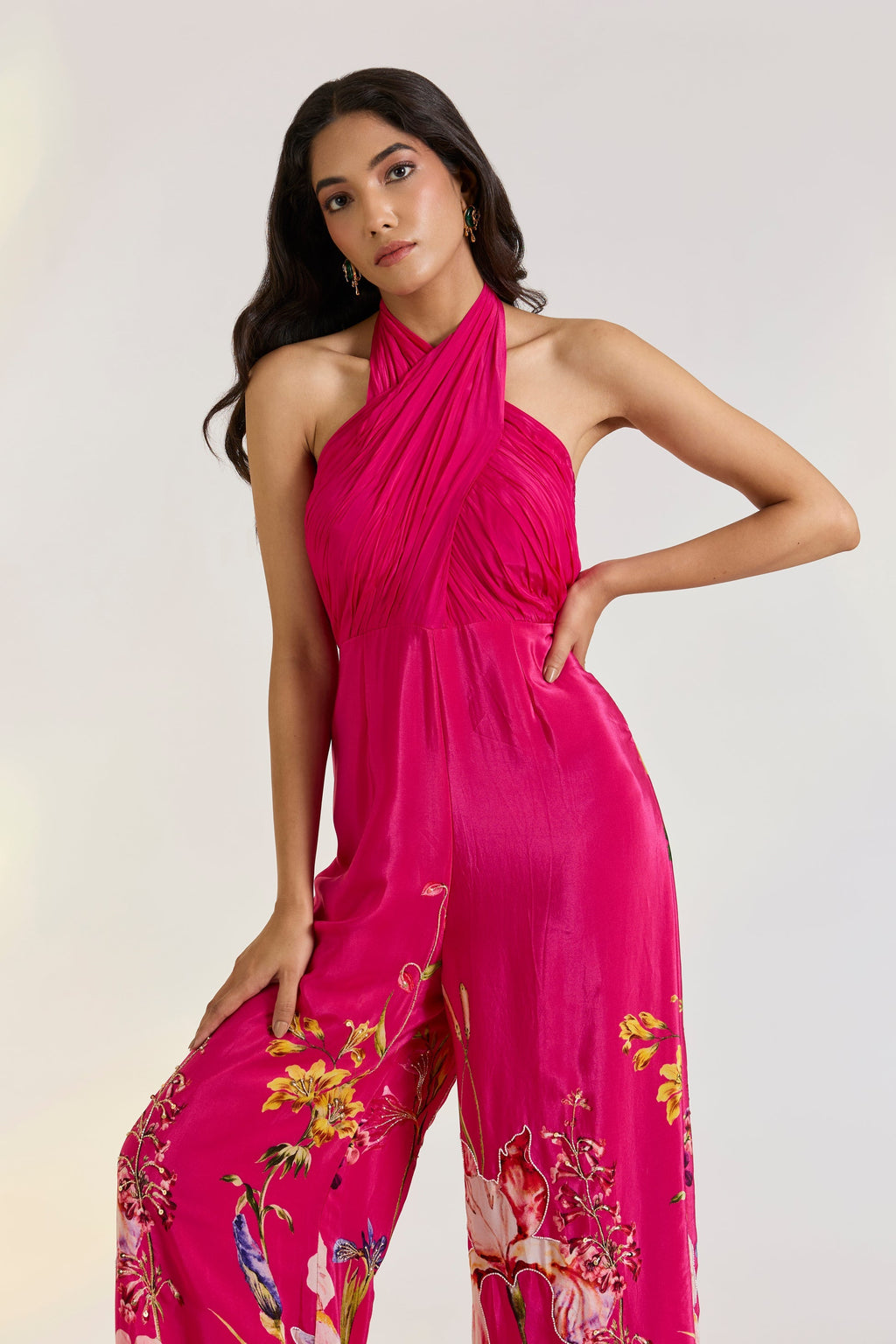 Crepe Pink Floral Draped Jumpsuit at Kamakhyaa by Ewoke. This item is Crepe, destination wedding outfits, festive, Hot Pink, jumpsuit, Missing image, Nostalgia's Thread by Ewoke, printed jumpsuit, sustainable fashion, wedding dress, Wedding wear