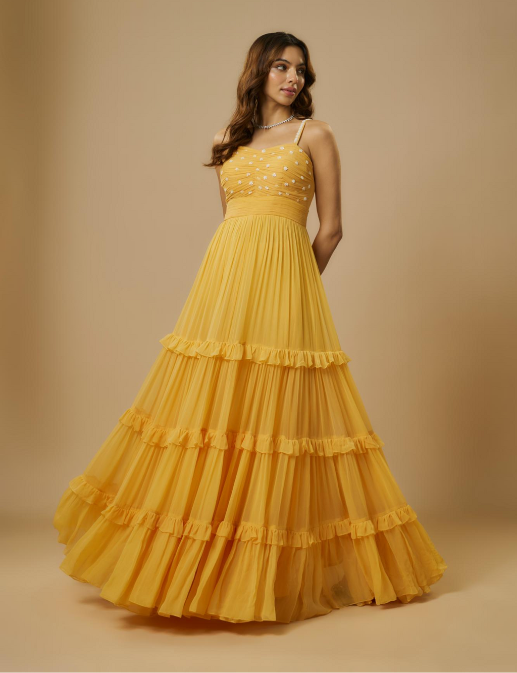 Crepe Yellow Embroidered Gown at Kamakhyaa by Ewoke. This item is BLUE GOWN, Crepe, Draped Dress, Missing image, Nostalgia's Thread by Ewoke, sustainable fashion