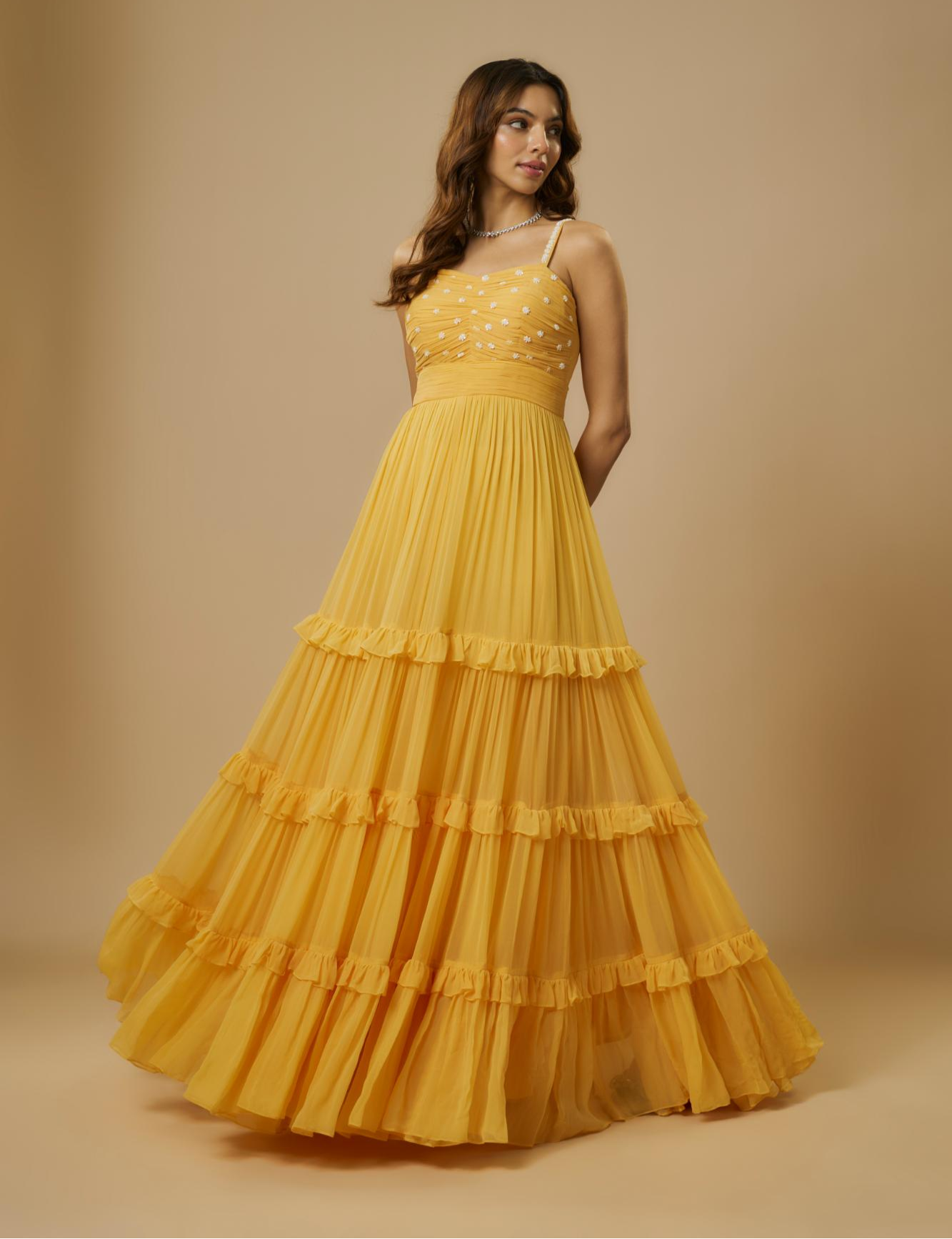 Crepe Yellow Embroidered Gown at Kamakhyaa by Ewoke. This item is BLUE GOWN, Crepe, Draped Dress, Missing image, Nostalgia's Thread by Ewoke, sustainable fashion
