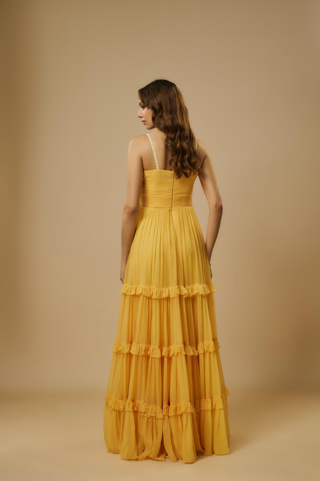 Crepe Yellow Embroidered Gown at Kamakhyaa by Ewoke. This item is BLUE GOWN, Crepe, Draped Dress, Missing image, Nostalgia's Thread by Ewoke, sustainable fashion