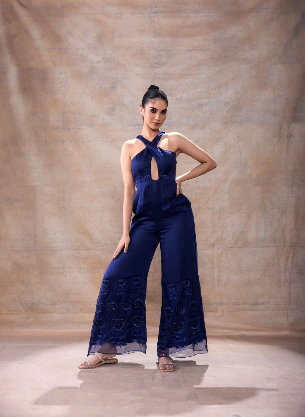 Cross Neck Jumpsuit at Kamakhyaa by Akashi Clothing. This item is Evening Wear, Festive Wear, Hand Embroidered, Jumpsuits, missing, Modal Satin, Navy Blue, Organza, Party Wear, Relaxed Fit, Womenswear, Zaira by Akashi Clothing