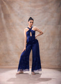 Cross Neck Jumpsuit at Kamakhyaa by Akashi Clothing. This item is Evening Wear, Festive Wear, Hand Embroidered, Jumpsuits, missing, Modal Satin, Navy Blue, Organza, Party Wear, Relaxed Fit, Womenswear, Zaira by Akashi Clothing