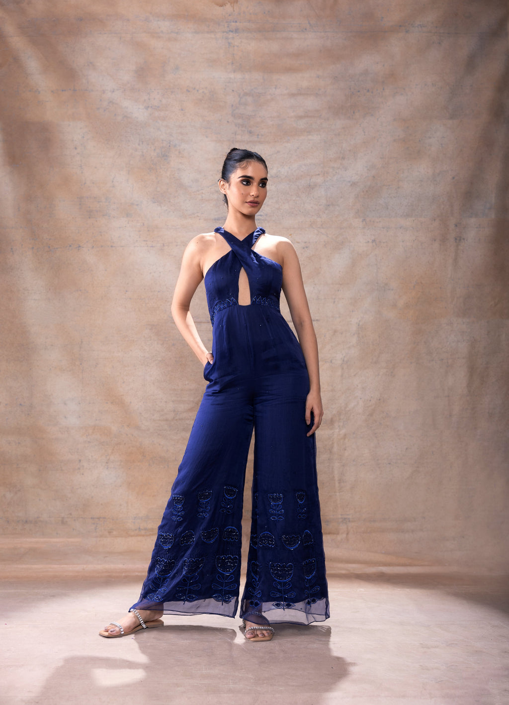 Cross Neck Jumpsuit at Kamakhyaa by Akashi Clothing. This item is Evening Wear, Festive Wear, Hand Embroidered, Jumpsuits, missing, Modal Satin, Navy Blue, Organza, Party Wear, Relaxed Fit, Womenswear, Zaira by Akashi Clothing