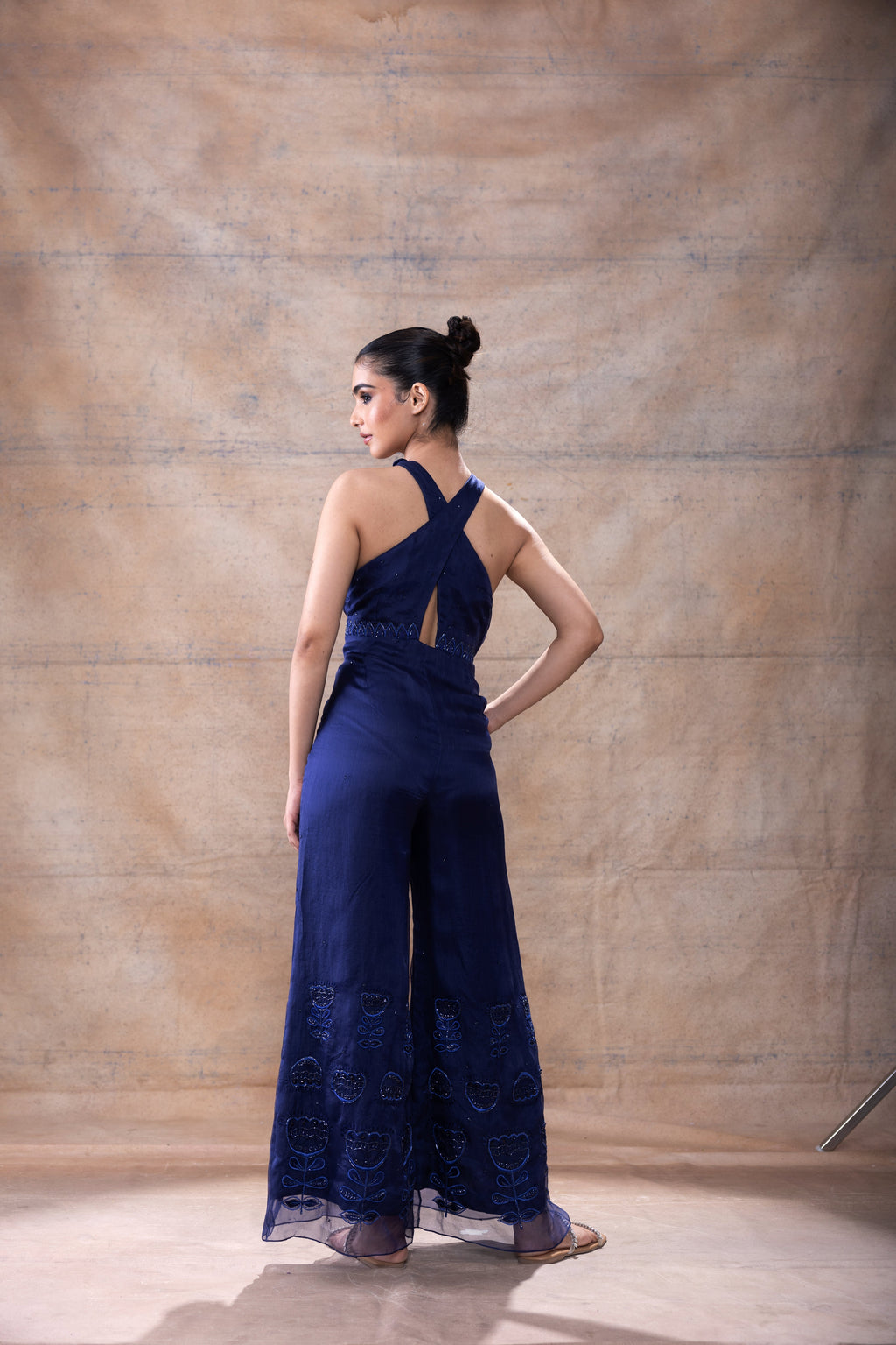 Cross Neck Jumpsuit at Kamakhyaa by Akashi Clothing. This item is Evening Wear, Festive Wear, Hand Embroidered, Jumpsuits, missing, Modal Satin, Navy Blue, Organza, Party Wear, Relaxed Fit, Womenswear, Zaira by Akashi Clothing