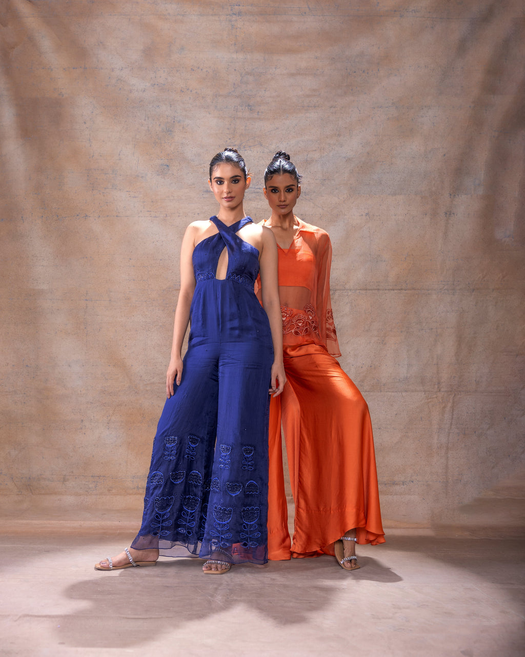 Cross Neck Jumpsuit at Kamakhyaa by Akashi Clothing. This item is Evening Wear, Festive Wear, Hand Embroidered, Jumpsuits, missing, Modal Satin, Navy Blue, Organza, Party Wear, Relaxed Fit, Womenswear, Zaira by Akashi Clothing