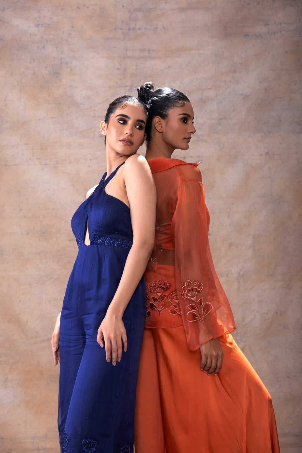 Cross Neck Jumpsuit at Kamakhyaa by Akashi Clothing. This item is Evening Wear, Festive Wear, Hand Embroidered, Jumpsuits, missing, Modal Satin, Navy Blue, Organza, Party Wear, Relaxed Fit, Womenswear, Zaira by Akashi Clothing