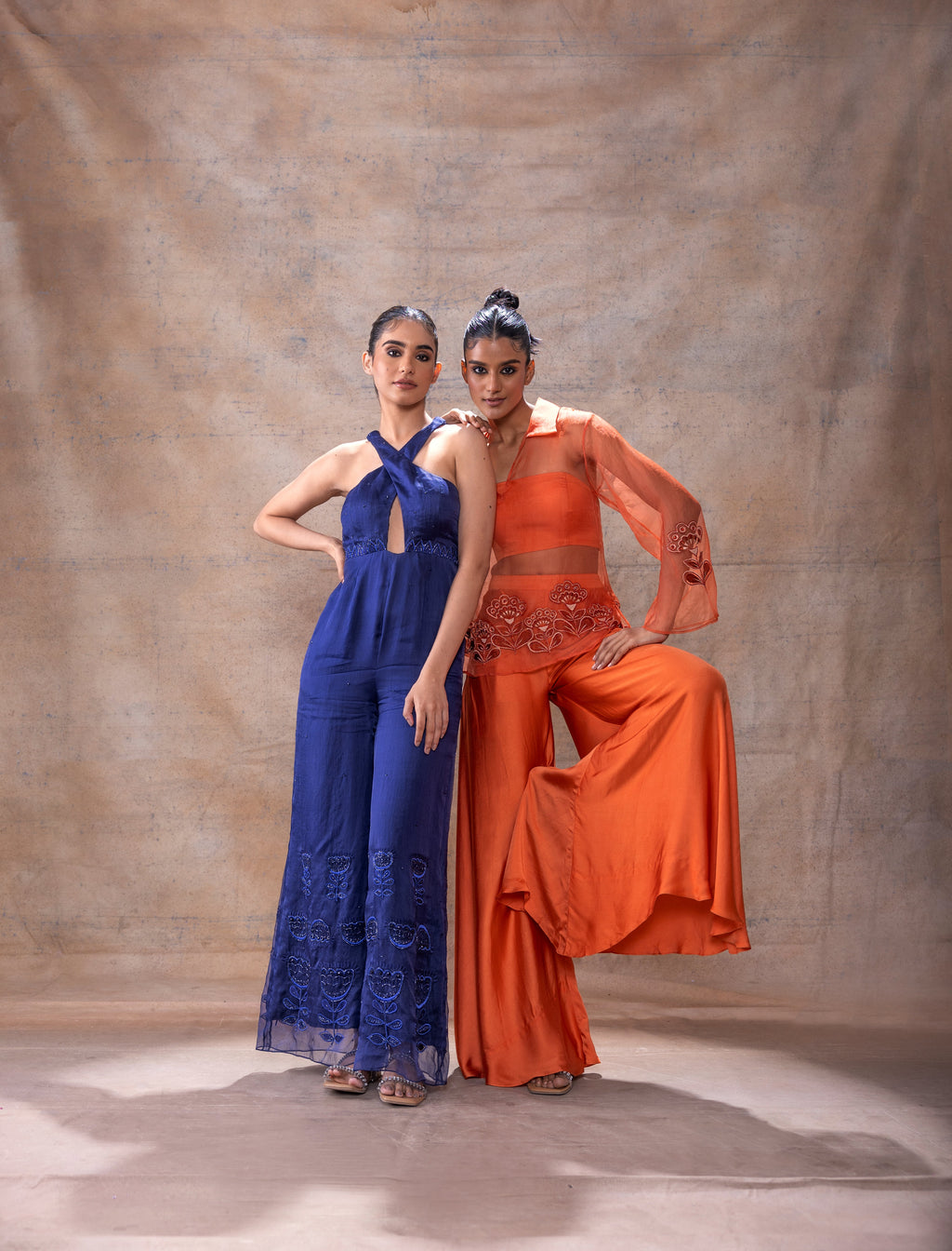 Cross Neck Jumpsuit at Kamakhyaa by Akashi Clothing. This item is Evening Wear, Festive Wear, Hand Embroidered, Jumpsuits, missing, Modal Satin, Navy Blue, Organza, Party Wear, Relaxed Fit, Womenswear, Zaira by Akashi Clothing