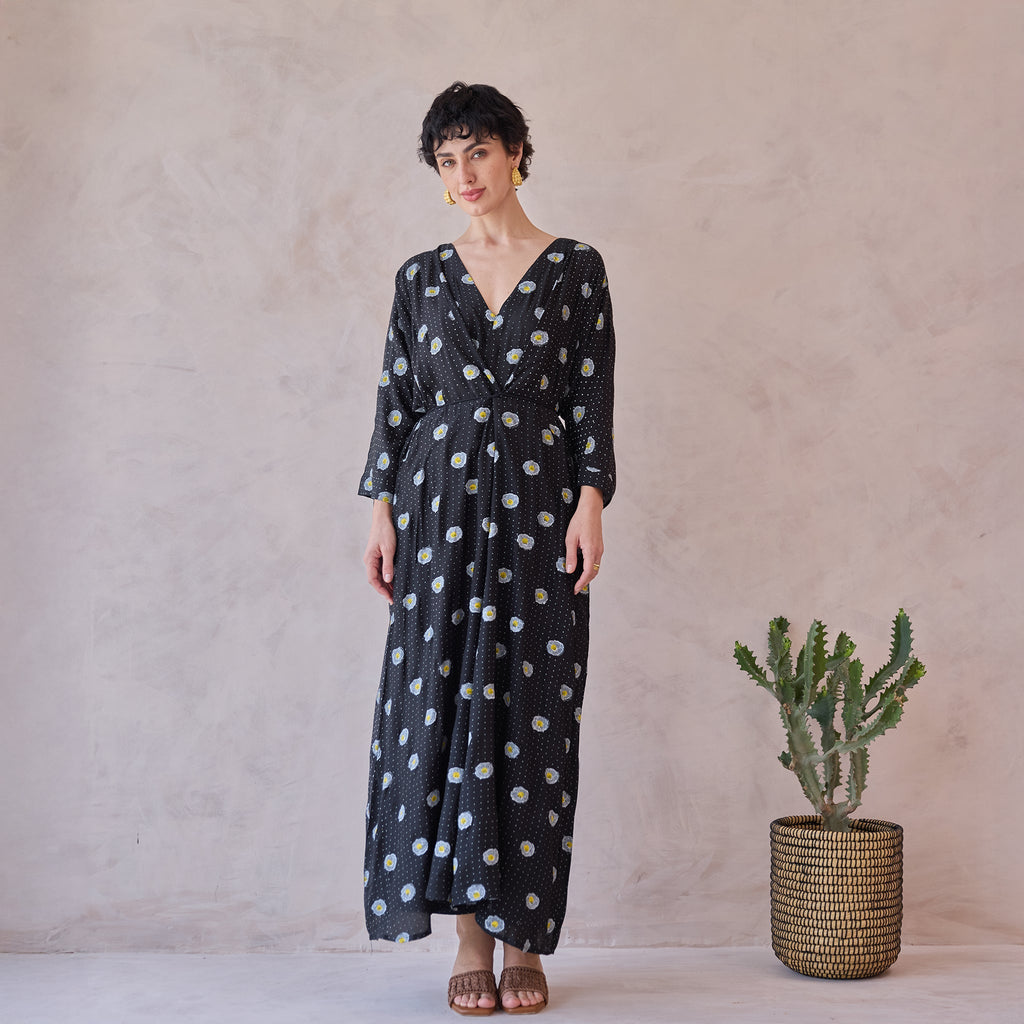 Daisy Drift Kaftan Dress at Kamakhyaa by Taro. This item is Artisan made, Black, Dresses, Handblock Printed, Handwoven Chanderi Silk, Indie Bloom by Taro, Kaftan Dresses, Relaxed Fit, Under $50
