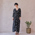Daisy Drift Kaftan Dress at Kamakhyaa by Taro. This item is Artisan made, Black, Dresses, Handblock Printed, Handwoven Chanderi Silk, Indie Bloom by Taro, Kaftan Dresses, Relaxed Fit, Under $50