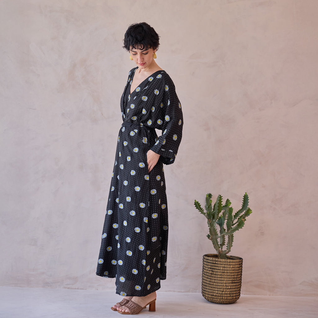 Daisy Drift Kaftan Dress at Kamakhyaa by Taro. This item is Artisan made, Black, Dresses, Handblock Printed, Handwoven Chanderi Silk, Indie Bloom by Taro, Kaftan Dresses, Relaxed Fit, Under $50