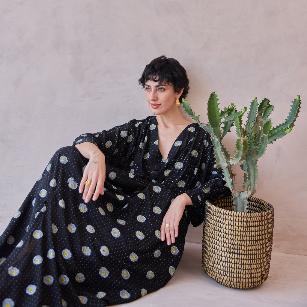 Daisy Drift Kaftan Dress at Kamakhyaa by Taro. This item is Artisan made, Black, Dresses, Handblock Printed, Handwoven Chanderi Silk, Indie Bloom by Taro, Kaftan Dresses, Relaxed Fit, Under $50