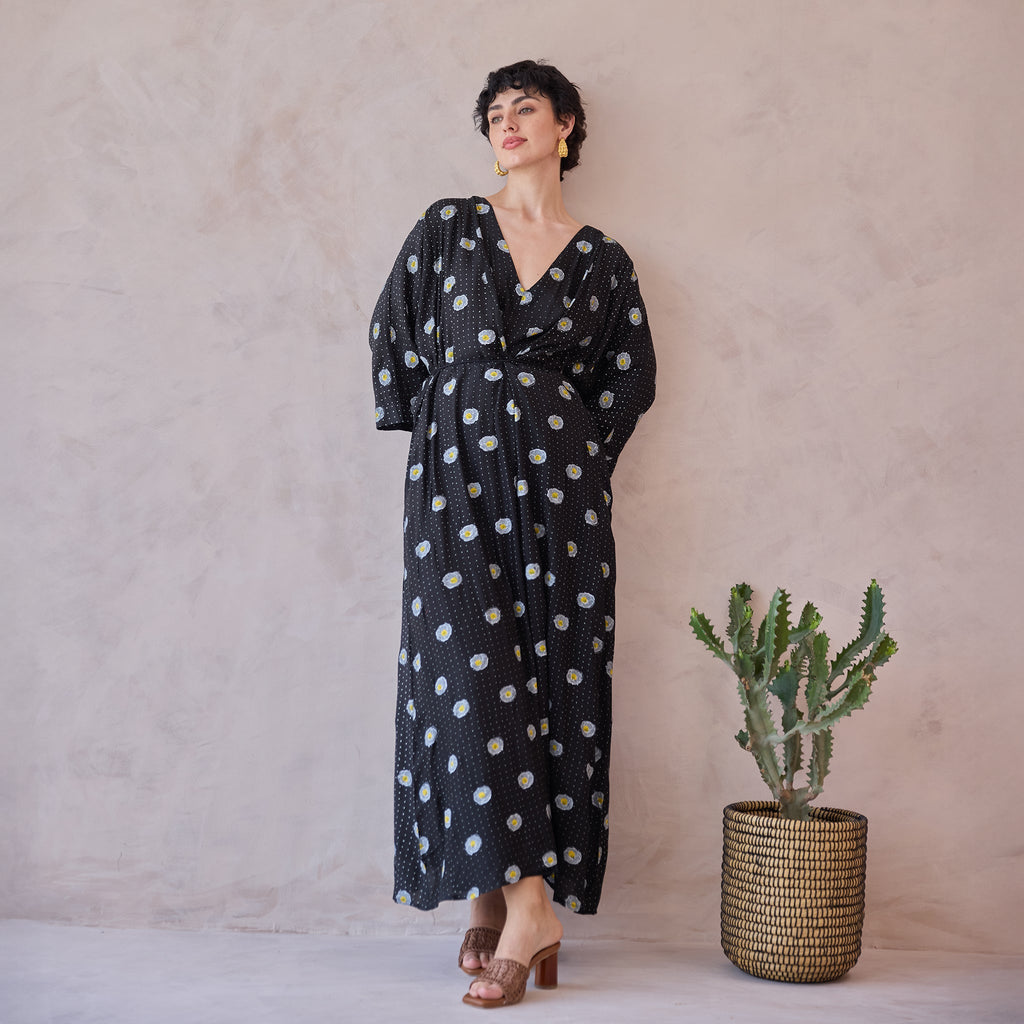 Daisy Drift Kaftan Dress at Kamakhyaa by Taro. This item is Artisan made, Black, Dresses, Handblock Printed, Handwoven Chanderi Silk, Indie Bloom by Taro, Kaftan Dresses, Relaxed Fit, Under $50
