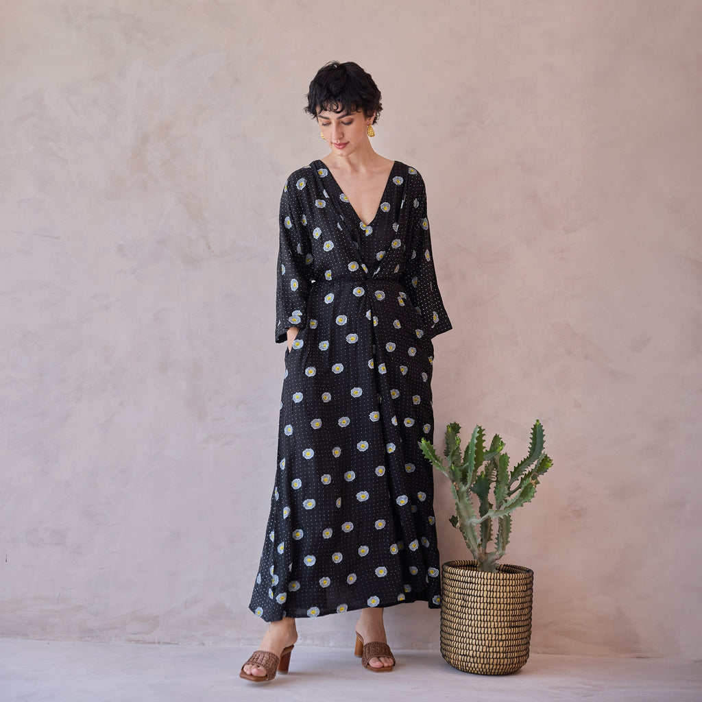 Daisy Drift Kaftan Dress at Kamakhyaa by Taro. This item is Artisan made, Black, Dresses, Handblock Printed, Handwoven Chanderi Silk, Indie Bloom by Taro, Kaftan Dresses, Relaxed Fit, Under $50