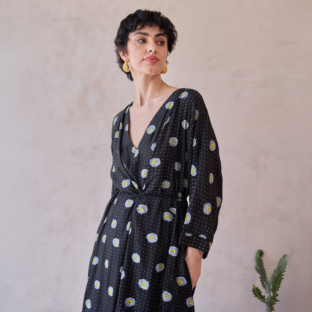 Daisy Drift Kaftan Dress at Kamakhyaa by Taro. This item is Artisan made, Black, Dresses, Handblock Printed, Handwoven Chanderi Silk, Indie Bloom by Taro, Kaftan Dresses, Relaxed Fit, Under $50