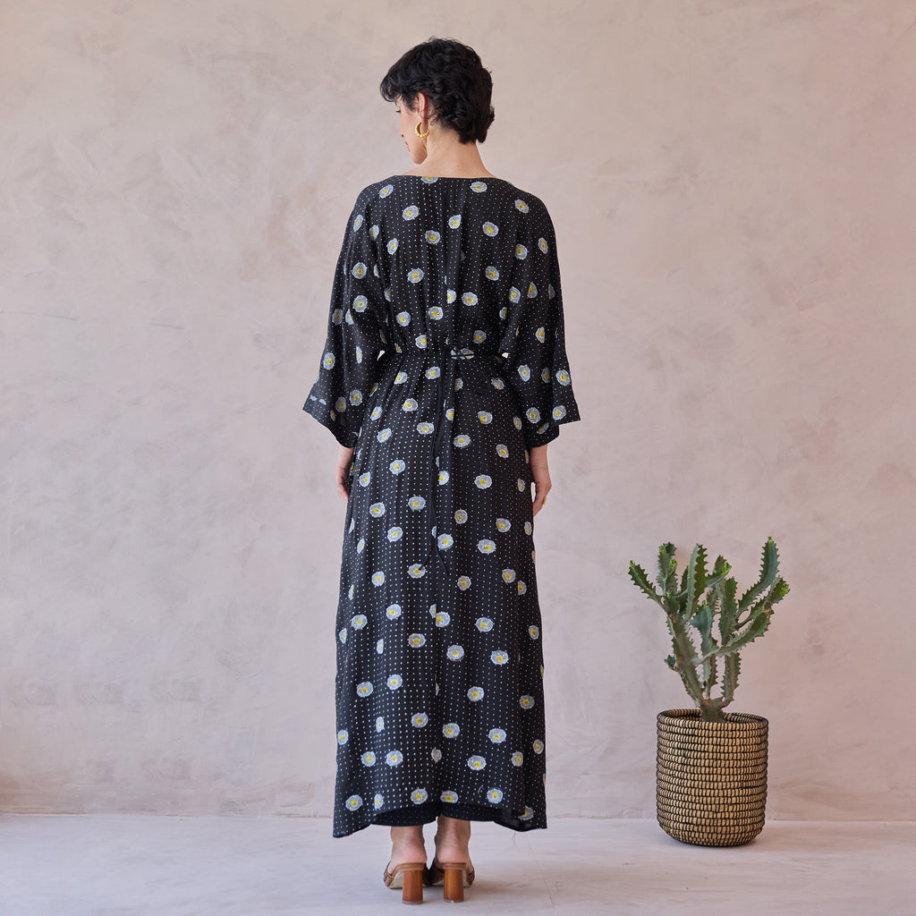 Daisy Drift Kaftan Dress at Kamakhyaa by Taro. This item is Artisan made, Black, Dresses, Handblock Printed, Handwoven Chanderi Silk, Indie Bloom by Taro, Kaftan Dresses, Relaxed Fit, Under $50