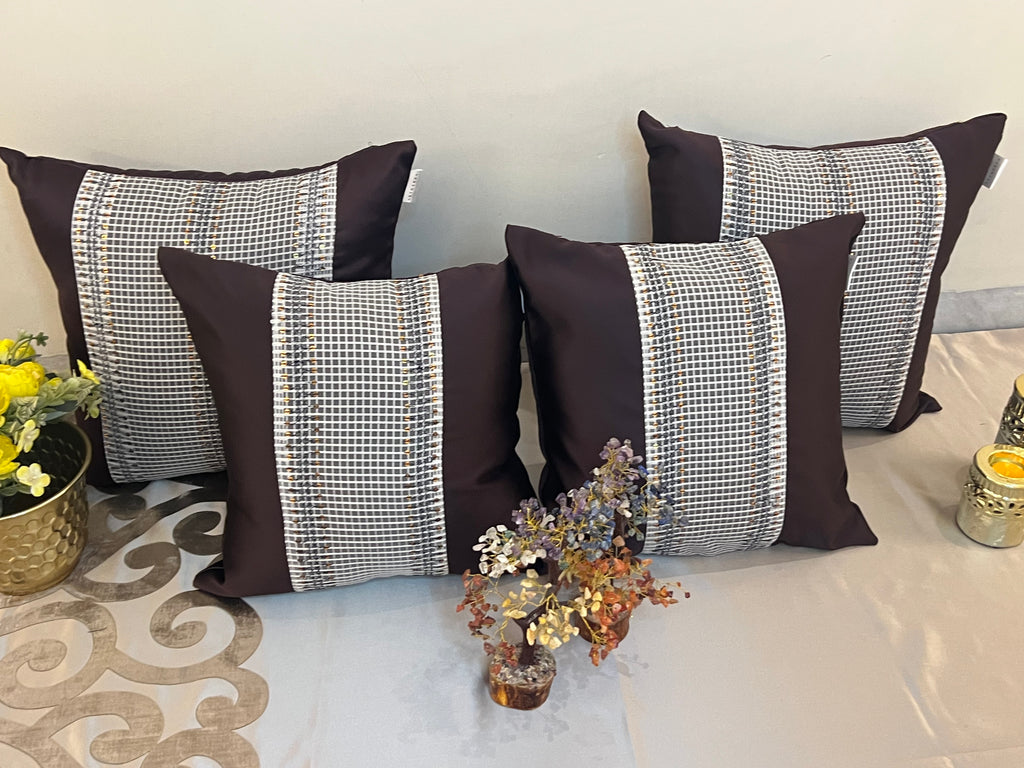 Damson Cushion Cover Sets at Kamakhyaa by Aetherea. This item is Cushion covers, Home, Patchwork, Purple, Satin, Sequence, Upcycled