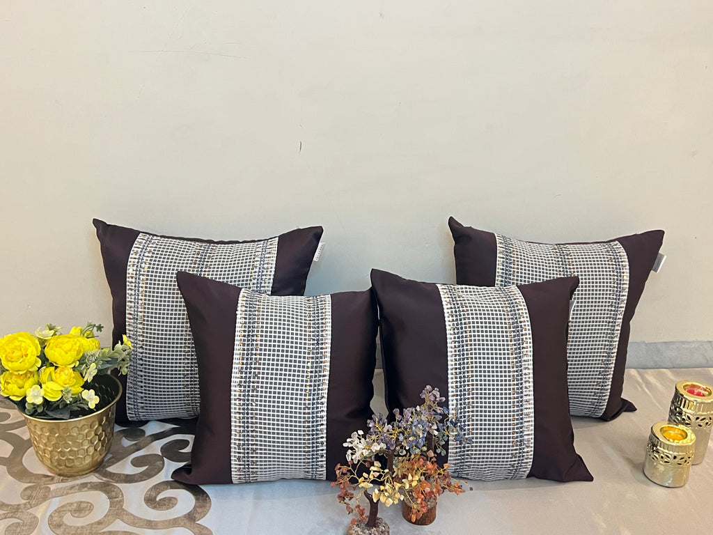 Damson Cushion Cover Sets at Kamakhyaa by Aetherea. This item is Cushion covers, Home, Patchwork, Purple, Satin, Sequence, Upcycled