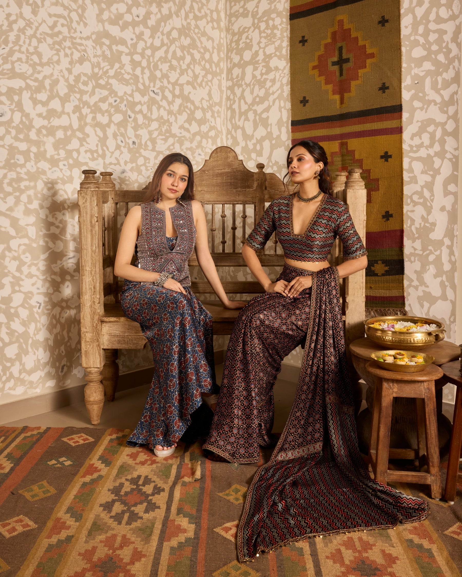 Deep neck Blouse with Saree at Kamakhyaa by Akashi Clothing. This item is Ajrakh by Akashi Clothing, Under $150