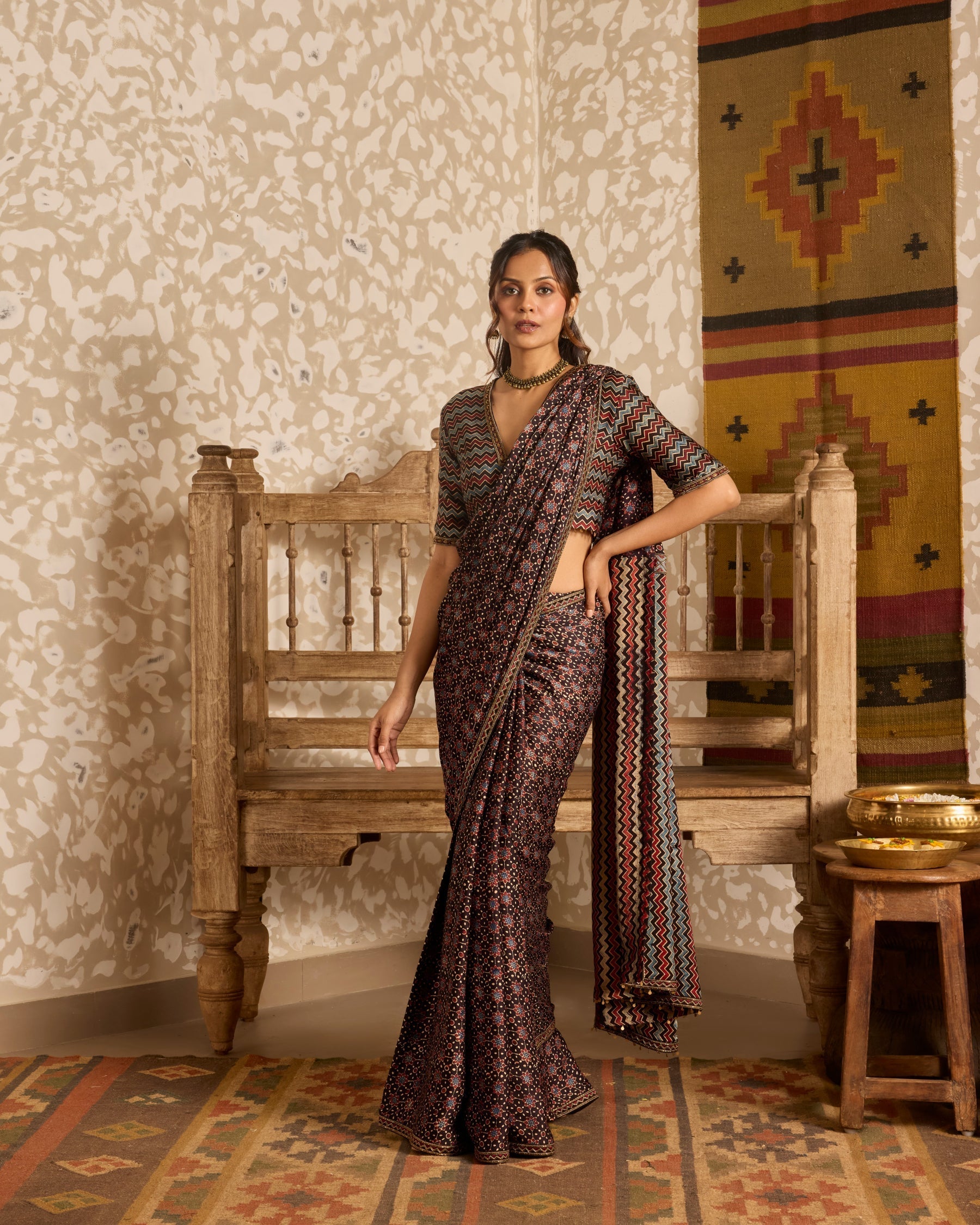 Deep neck Blouse with Saree at Kamakhyaa by Akashi Clothing. This item is Ajrakh by Akashi Clothing, Under $150