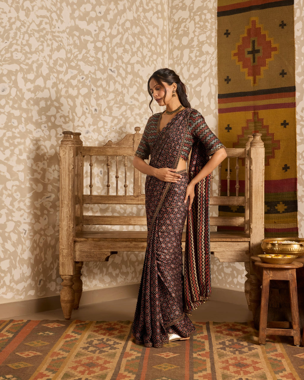 Deep neck Blouse with Saree at Kamakhyaa by Akashi Clothing. This item is Ajrakh by Akashi Clothing, Under $150