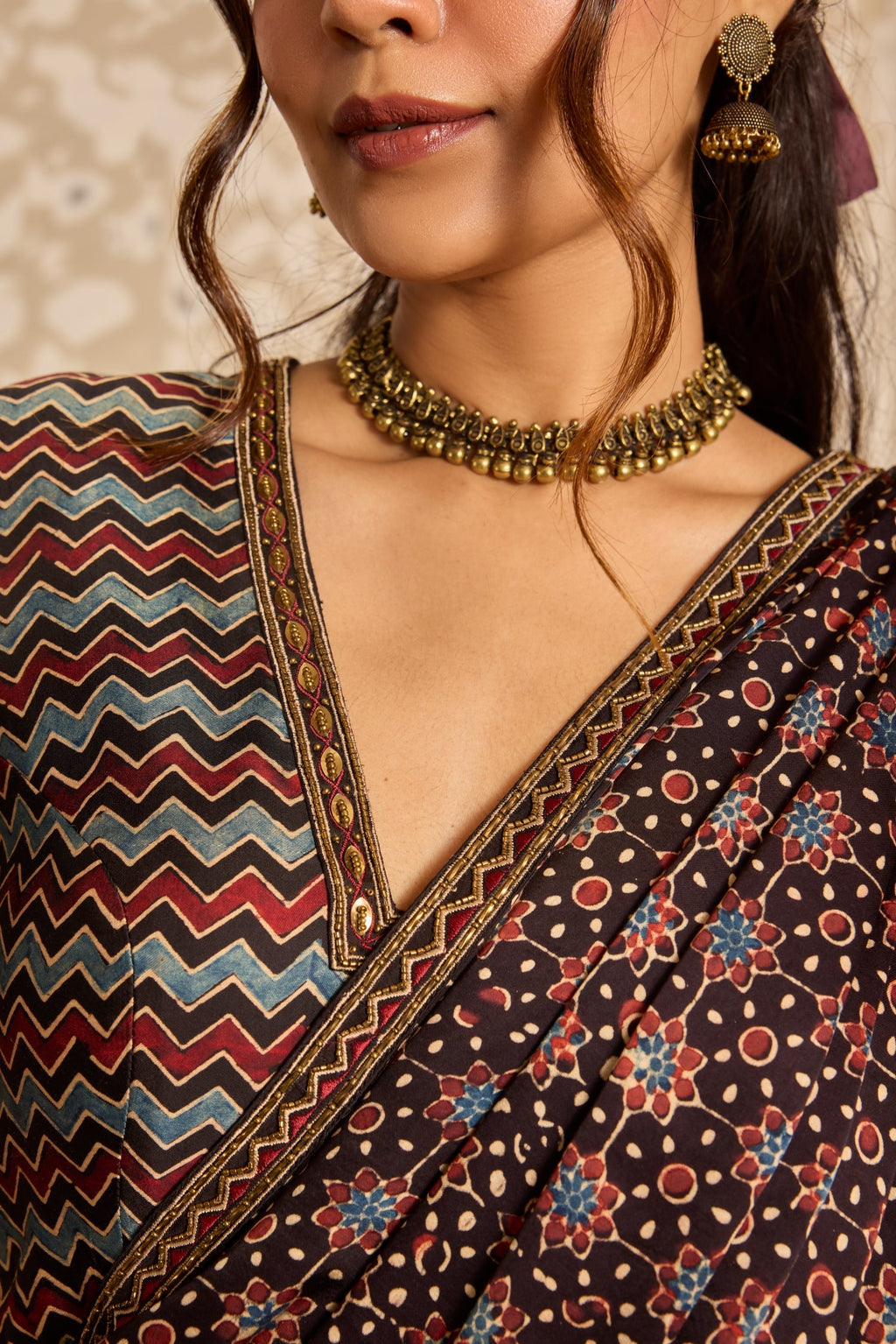 Deep neck Blouse with Saree at Kamakhyaa by Akashi Clothing. This item is Ajrakh by Akashi Clothing, Under $150