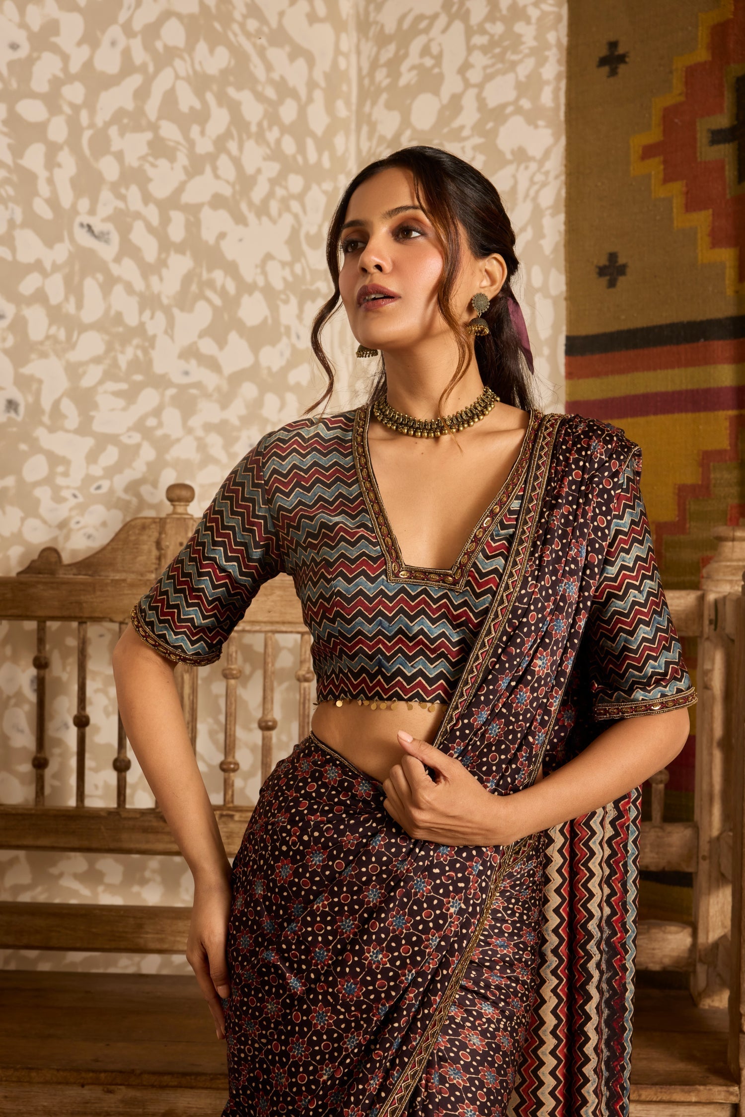 Deep neck Blouse with Saree at Kamakhyaa by Akashi Clothing. This item is Ajrakh by Akashi Clothing, Under $150