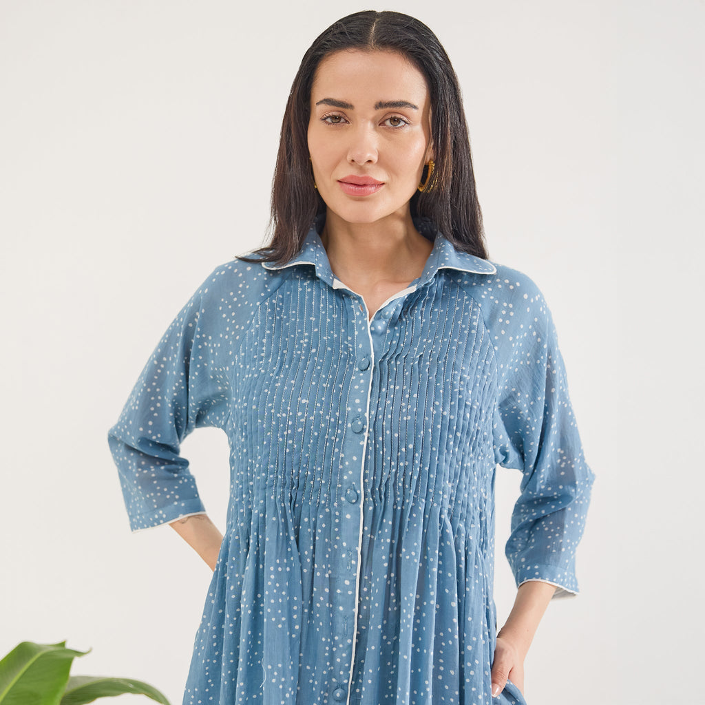 Dewdrop Dance at Kamakhyaa by Taro. This item is Artisan made, Blue, Cotton Mulmul, Shirt Dresses, Whispers of Summer by Taro