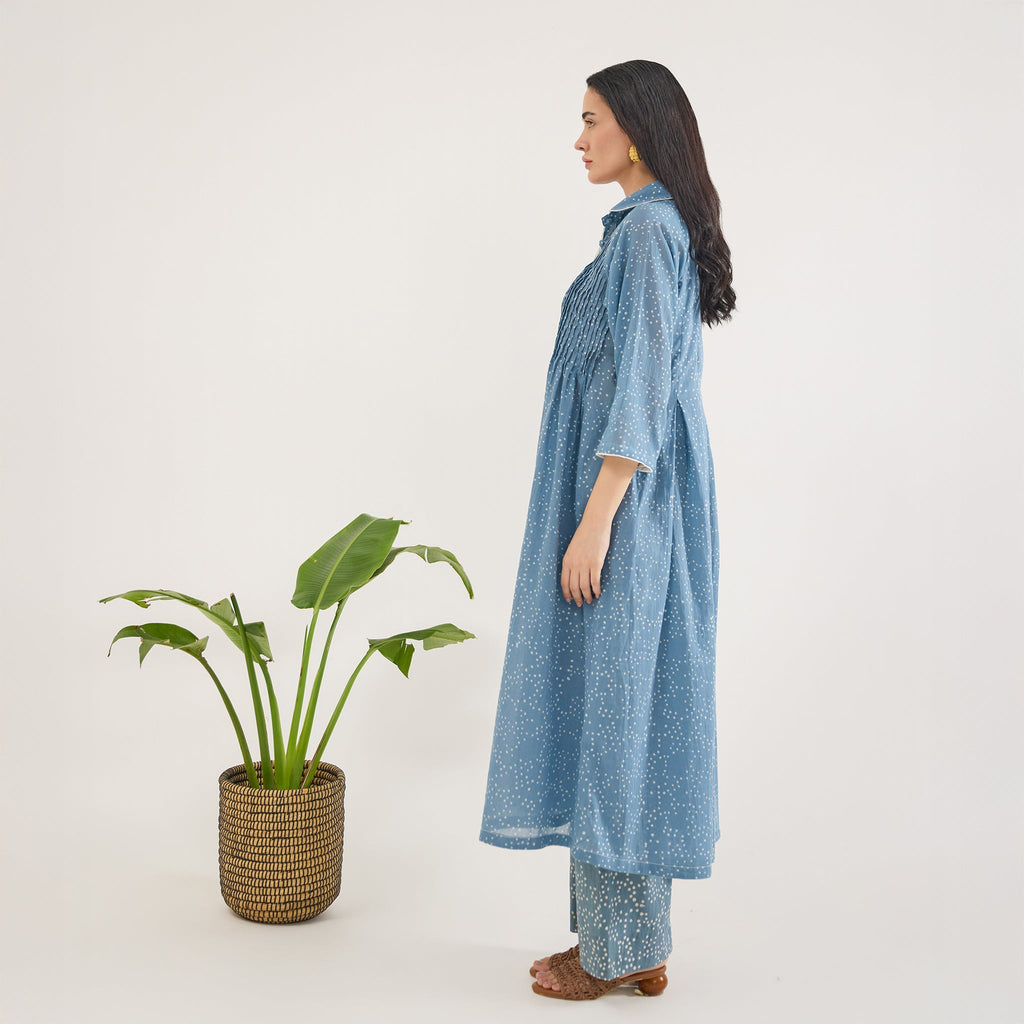 Dewdrop Dance at Kamakhyaa by Taro. This item is Artisan made, Blue, Cotton Mulmul, Shirt Dresses, Whispers of Summer by Taro