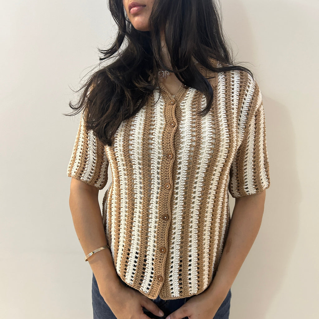 Earth Stripe Crochet Shirt at Kamakhyaa by Ikriit'm. This item is Bloom by Ikriit'm, Brown, Casual Wear, Cotton, Crochet, Crochet Apparel, Relaxed Fit, Under $100, Womenswear
