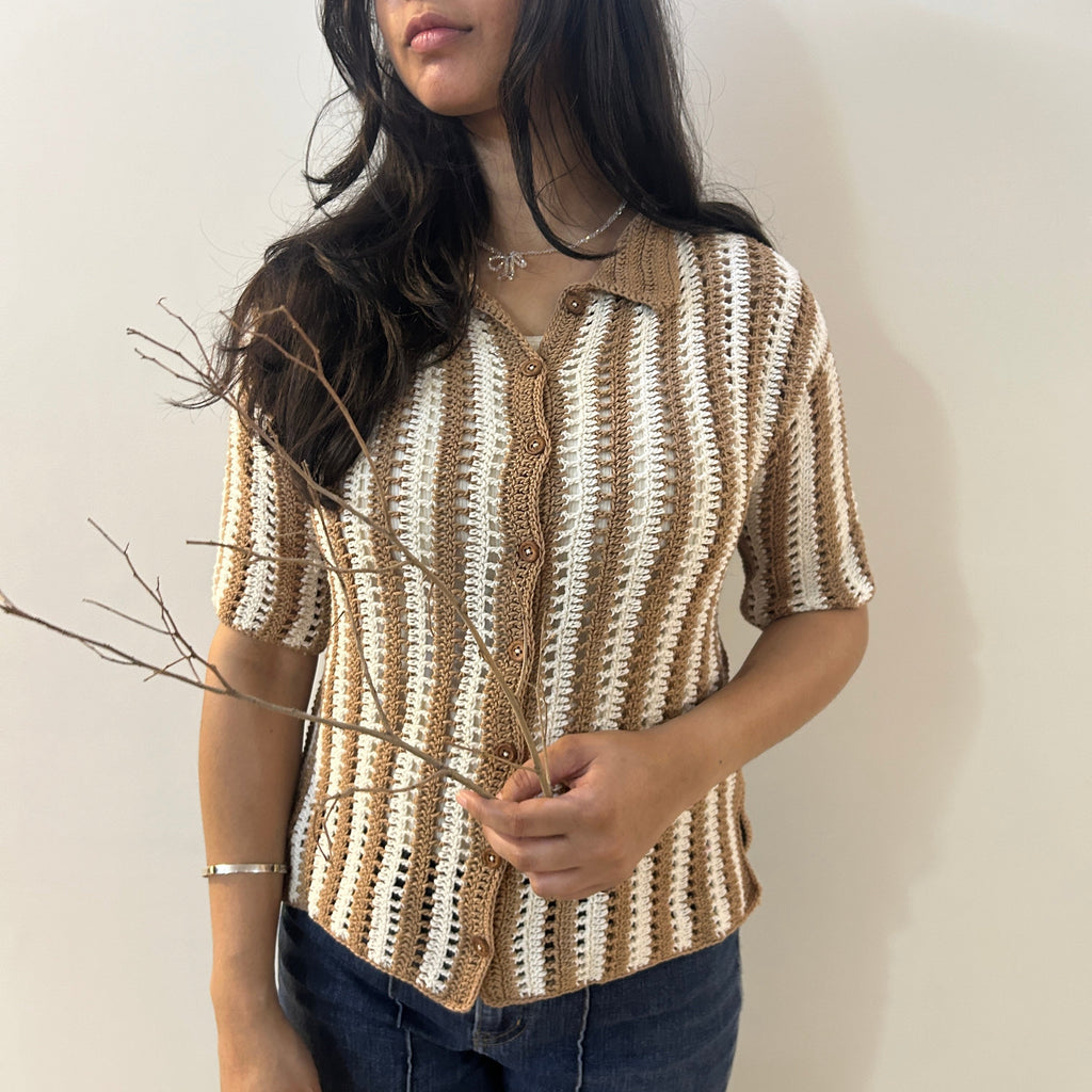 Earth Stripe Crochet Shirt at Kamakhyaa by Ikriit'm. This item is Bloom by Ikriit'm, Brown, Casual Wear, Cotton, Crochet, Crochet Apparel, Relaxed Fit, Under $100, Womenswear