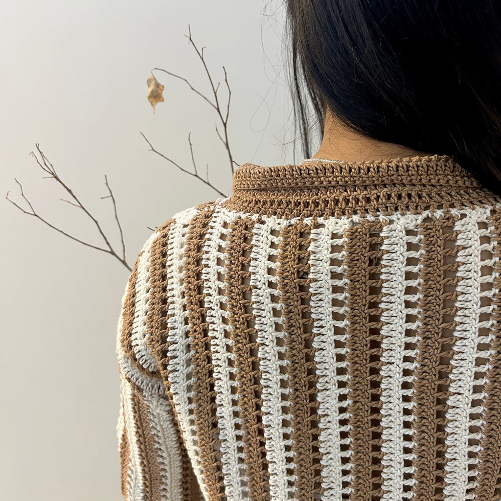 Earth Stripe Crochet Shirt at Kamakhyaa by Ikriit'm. This item is Bloom by Ikriit'm, Brown, Casual Wear, Cotton, Crochet, Crochet Apparel, Relaxed Fit, Under $100, Womenswear