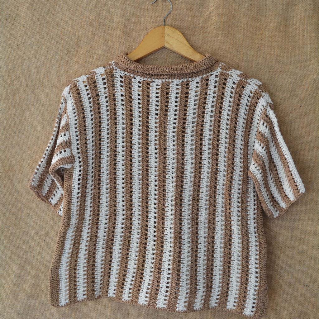 Earth Stripe Crochet Shirt at Kamakhyaa by Ikriit'm. This item is Bloom by Ikriit'm, Brown, Casual Wear, Cotton, Crochet, Crochet Apparel, Relaxed Fit, Under $100, Womenswear