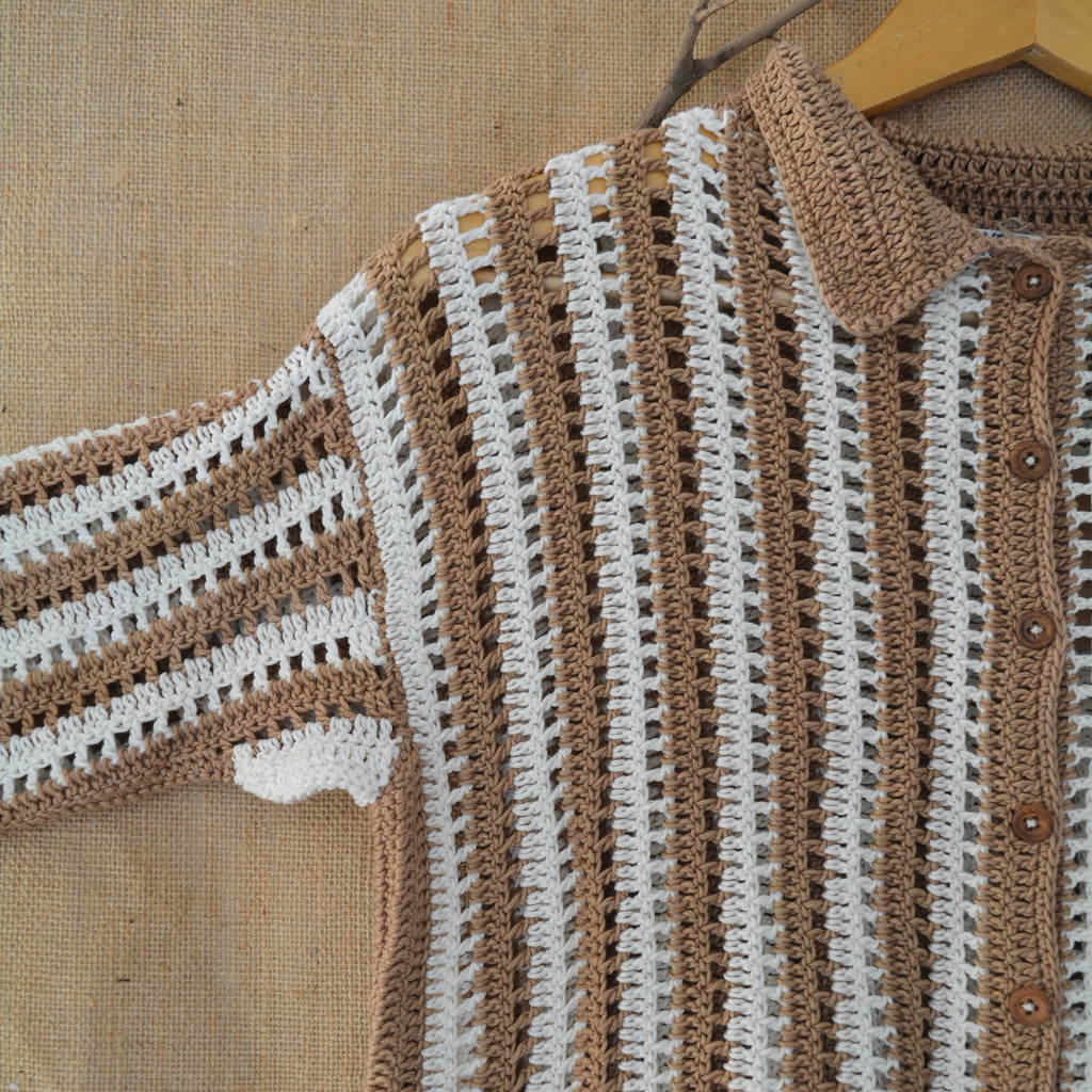 Earth Stripe Crochet Shirt at Kamakhyaa by Ikriit'm. This item is Bloom by Ikriit'm, Brown, Casual Wear, Cotton, Crochet, Crochet Apparel, Relaxed Fit, Under $100, Womenswear