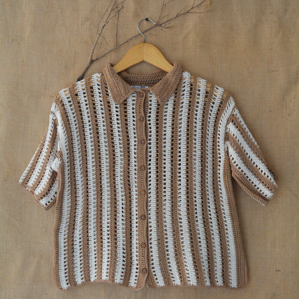 Earth Stripe Crochet Shirt at Kamakhyaa by Ikriit'm. This item is Bloom by Ikriit'm, Brown, Casual Wear, Cotton, Crochet, Crochet Apparel, Relaxed Fit, Under $100, Womenswear