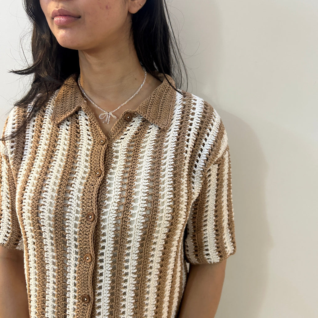Earth Stripe Crochet Shirt at Kamakhyaa by Ikriit'm. This item is Bloom by Ikriit'm, Brown, Casual Wear, Cotton, Crochet, Crochet Apparel, Relaxed Fit, Under $100, Womenswear