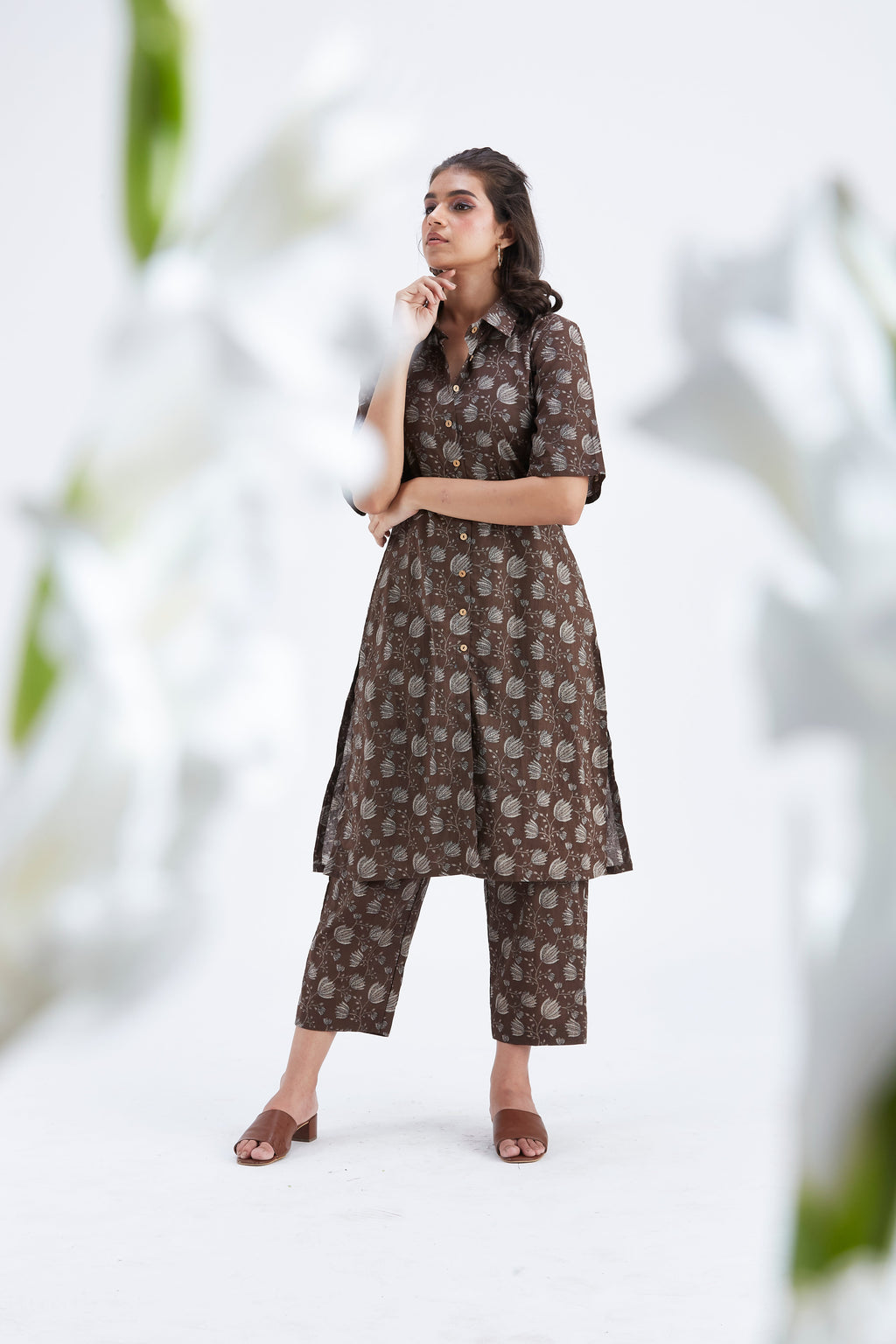 Easha Brown Floral Printed Cotton kurta set at Kamakhyaa by Hasttvam. This item is Brown, Cotton, Ete by Hasttvam, Floral Prints, Fusion Wear, Hand Printed, Womenswear