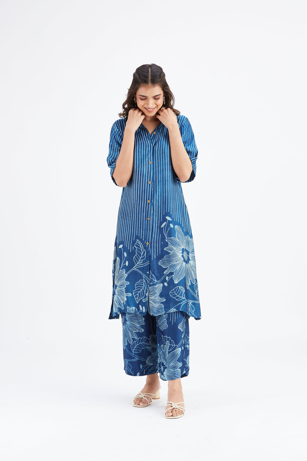 Easha Indigo Floral Printed Modal kurta set at Kamakhyaa by Hasttvam. This item is Ete by Hasttvam, Floral Prints, Fusion Wear, Hand Printed, Indigo, Modal, Womenswear