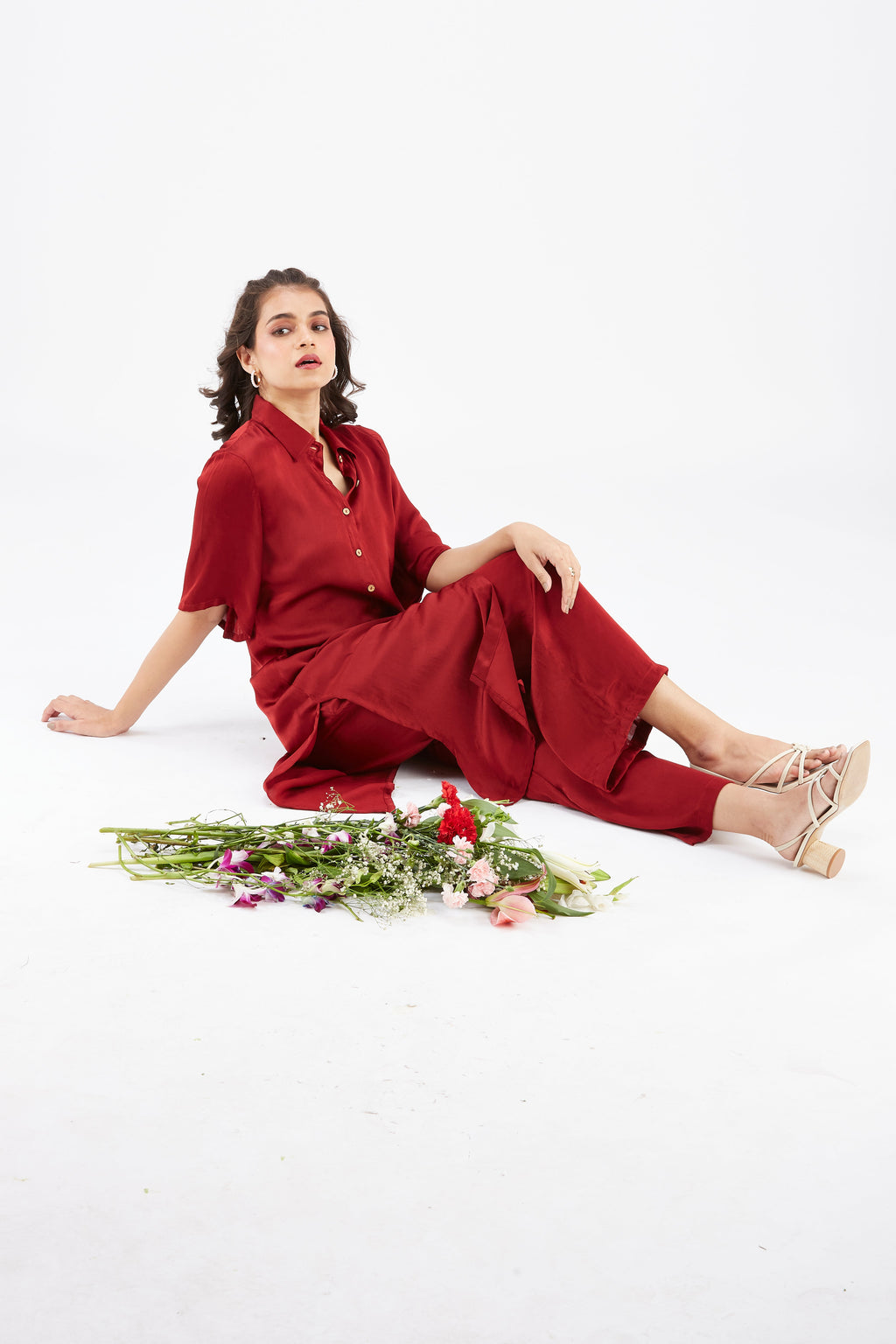 Easha Red Modal kurta set at Kamakhyaa by Hasttvam. This item is Ete by Hasttvam, Floral Prints, Fusion Wear, Hand Printed, Modal, Red, Womenswear