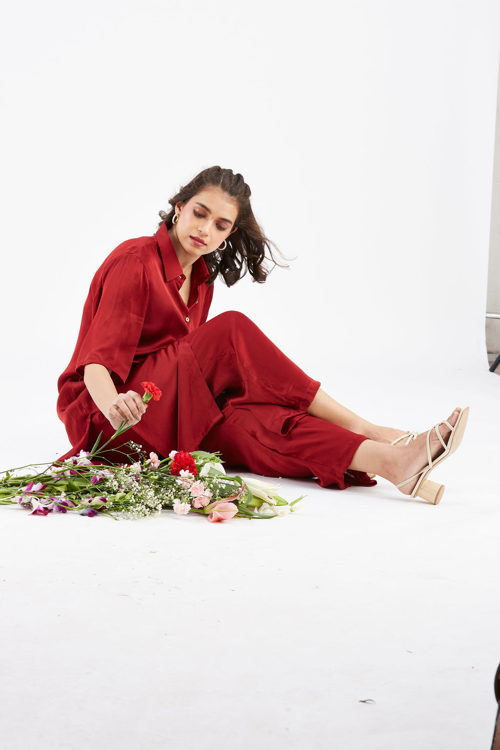 Easha Red Modal kurta set at Kamakhyaa by Hasttvam. This item is Ete by Hasttvam, Floral Prints, Fusion Wear, Hand Printed, Modal, Red, Womenswear