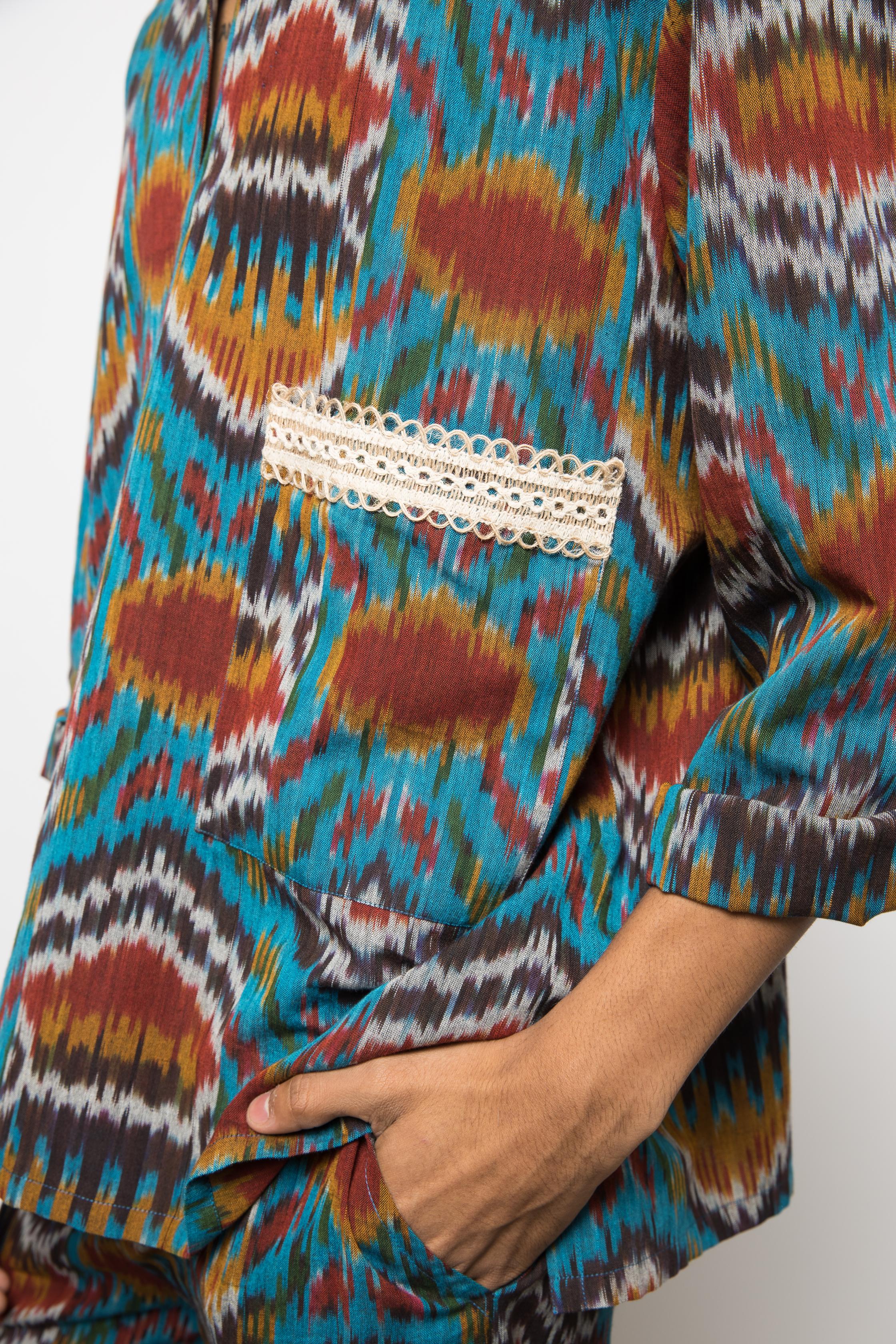 Easy Breezy Kaftan at kamakhyaa.com by Anushé Pirani. This item is 100% Cotton, Beach Wear, Brunch Wear, Casual Wear, Console Collection List, Cotton, Fresh Ink by Anushe Pirani, Handwoven cotton, Ikat Prints, Menswear, Regular Fit, Turquoise, Vacation Wear