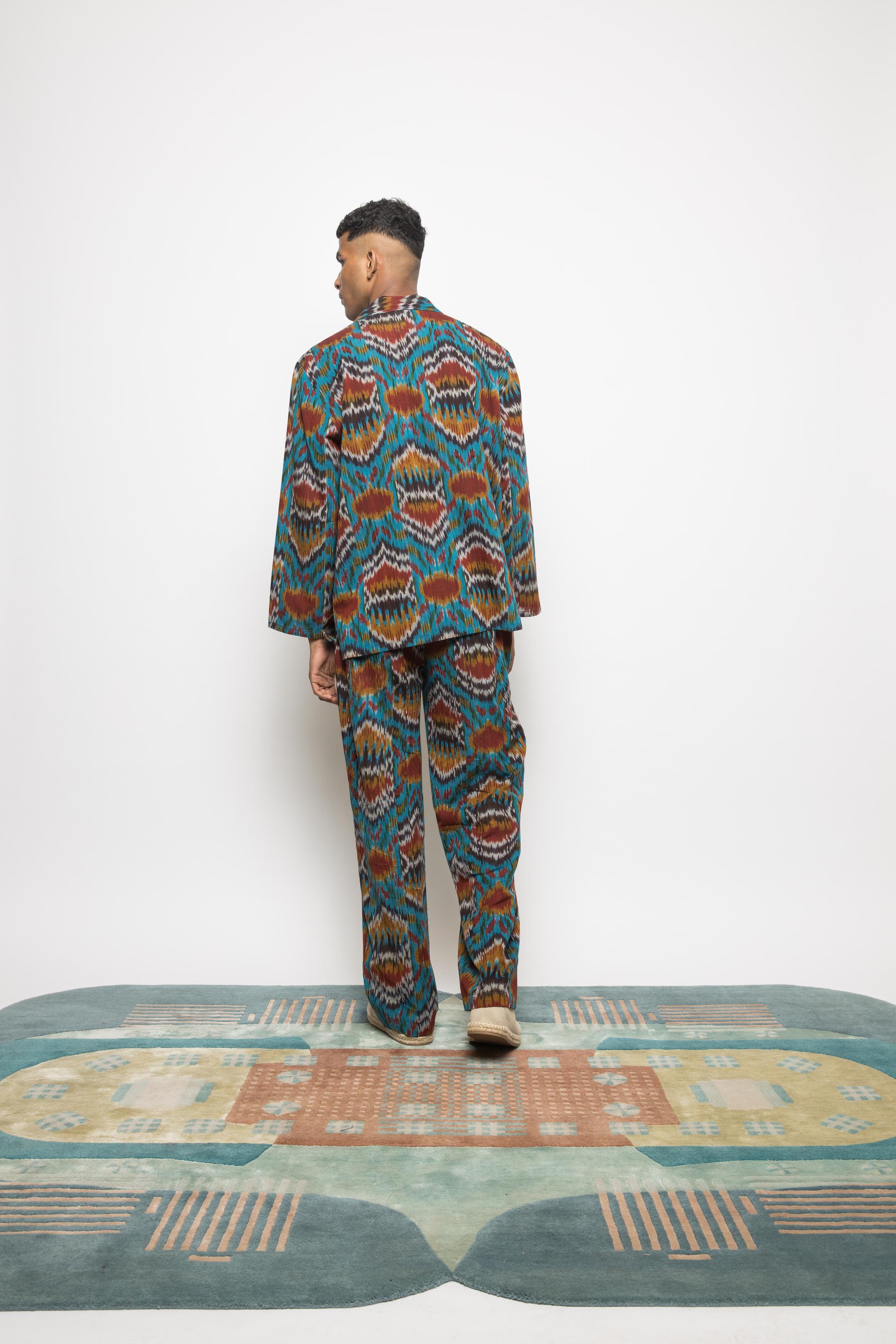 Easy Breezy Kaftan at kamakhyaa.com by Anushé Pirani. This item is 100% Cotton, Beach Wear, Brunch Wear, Casual Wear, Console Collection List, Cotton, Fresh Ink by Anushe Pirani, Handwoven cotton, Ikat Prints, Menswear, Regular Fit, Turquoise, Vacation Wear